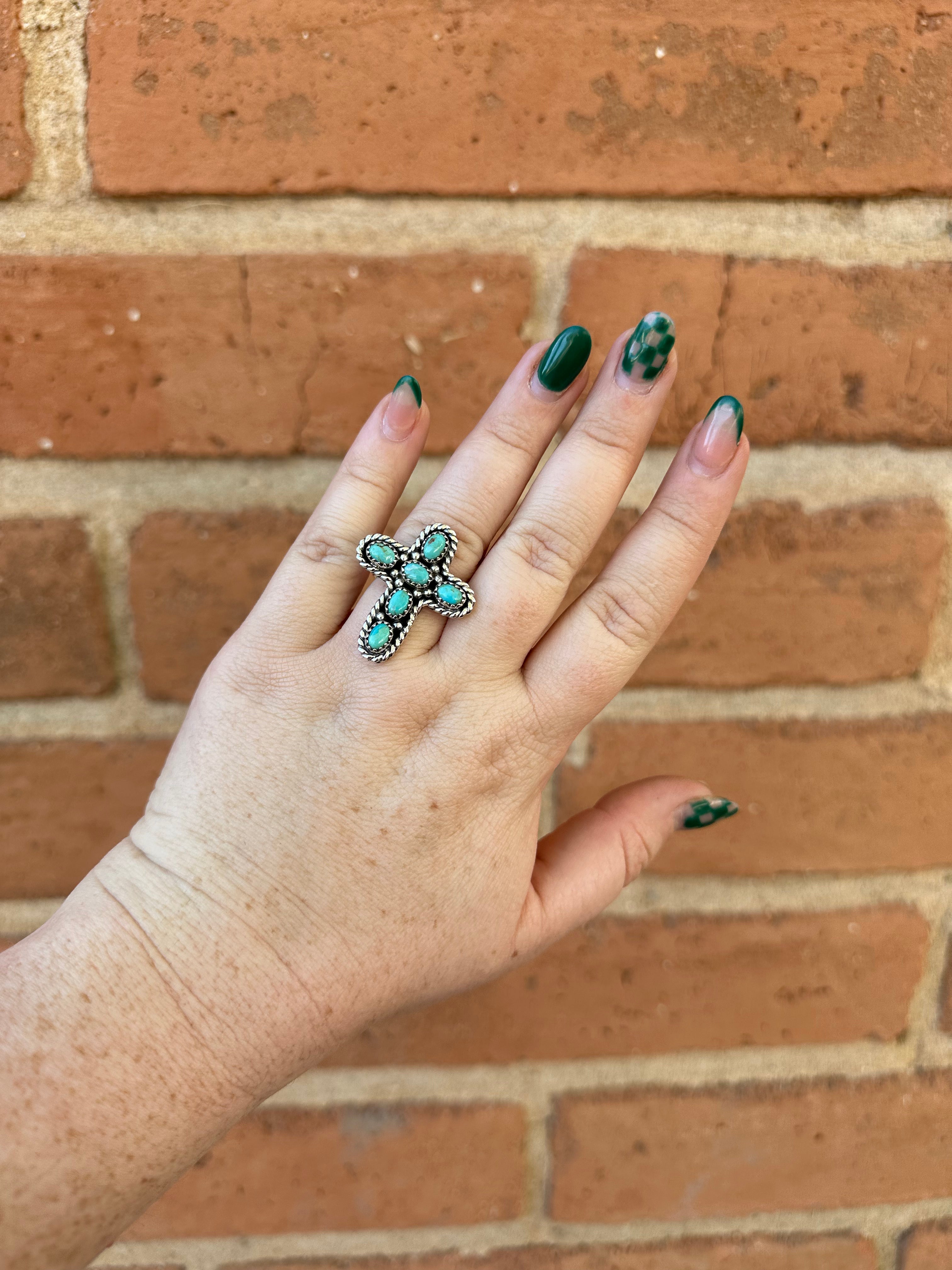 Handmade Sterling Silver & Turquoise Adjustable Cross Ring Signed Nizhoni