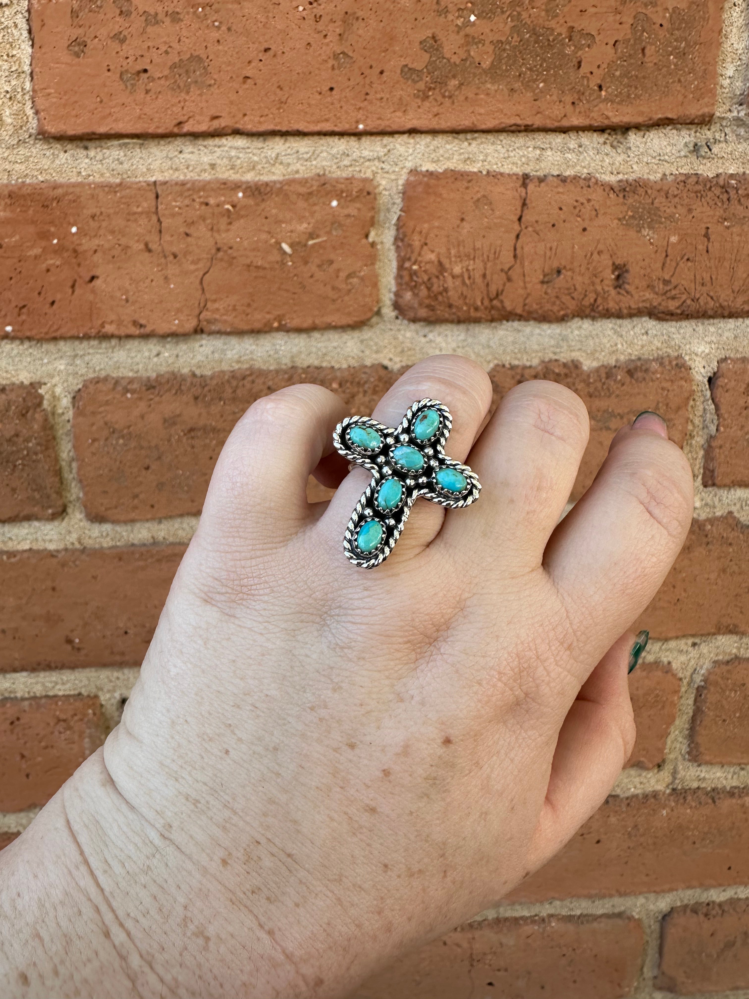 Handmade Sterling Silver & Turquoise Adjustable Cross Ring Signed Nizhoni