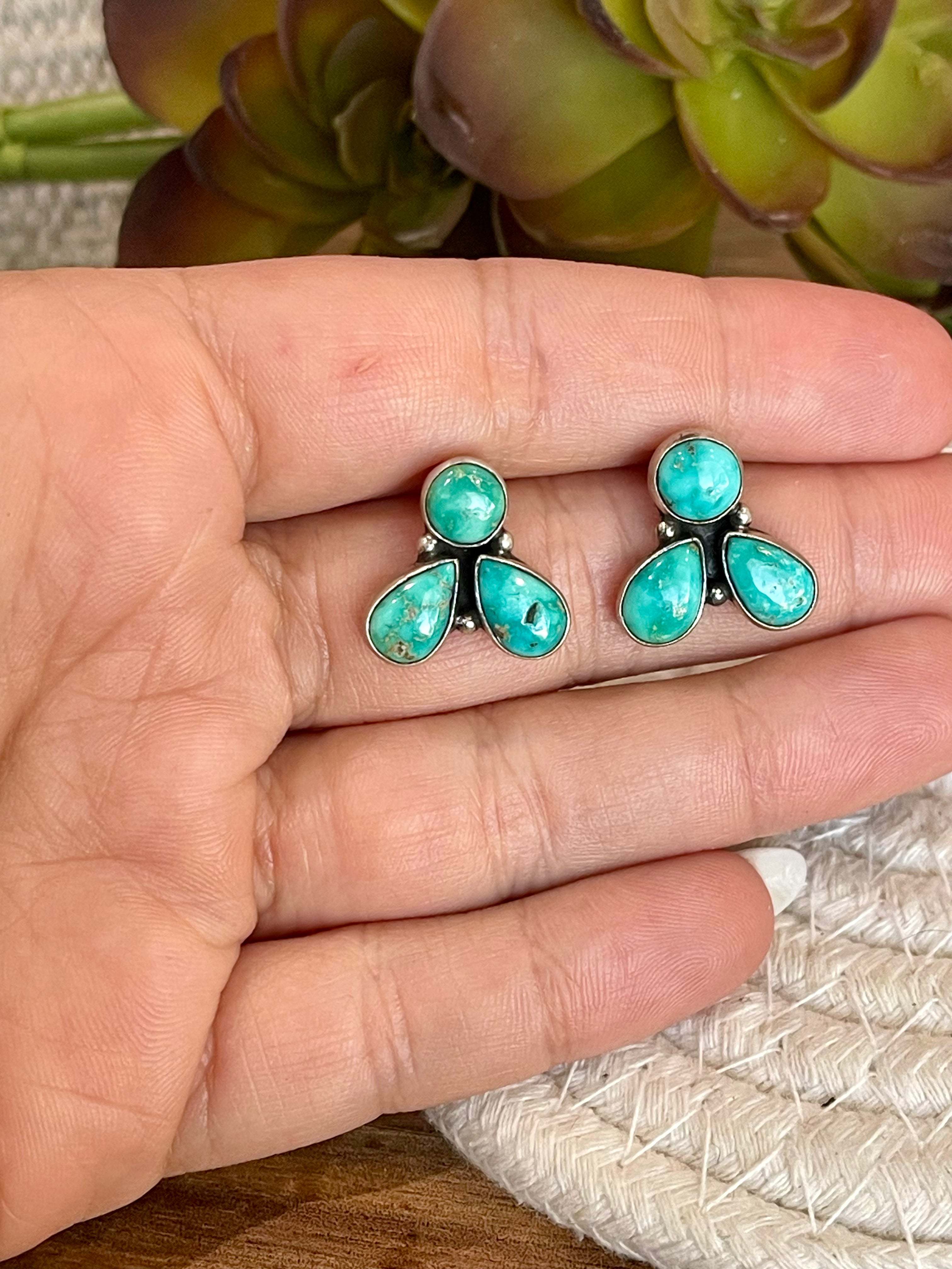 Handmade Emerald Valley Turquoise and Sterling Silver Post  Earrings