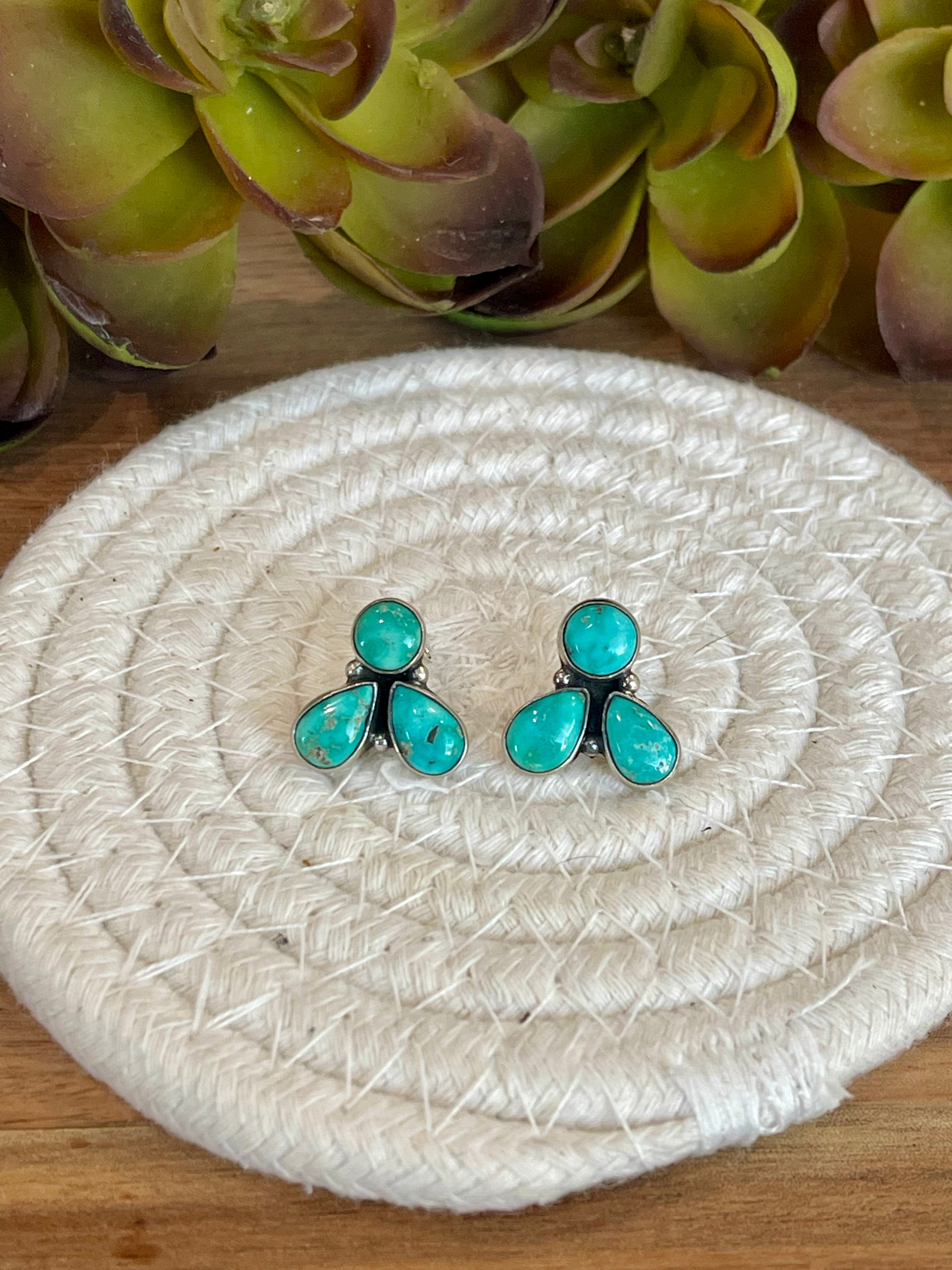 Handmade Emerald Valley Turquoise and Sterling Silver Post  Earrings