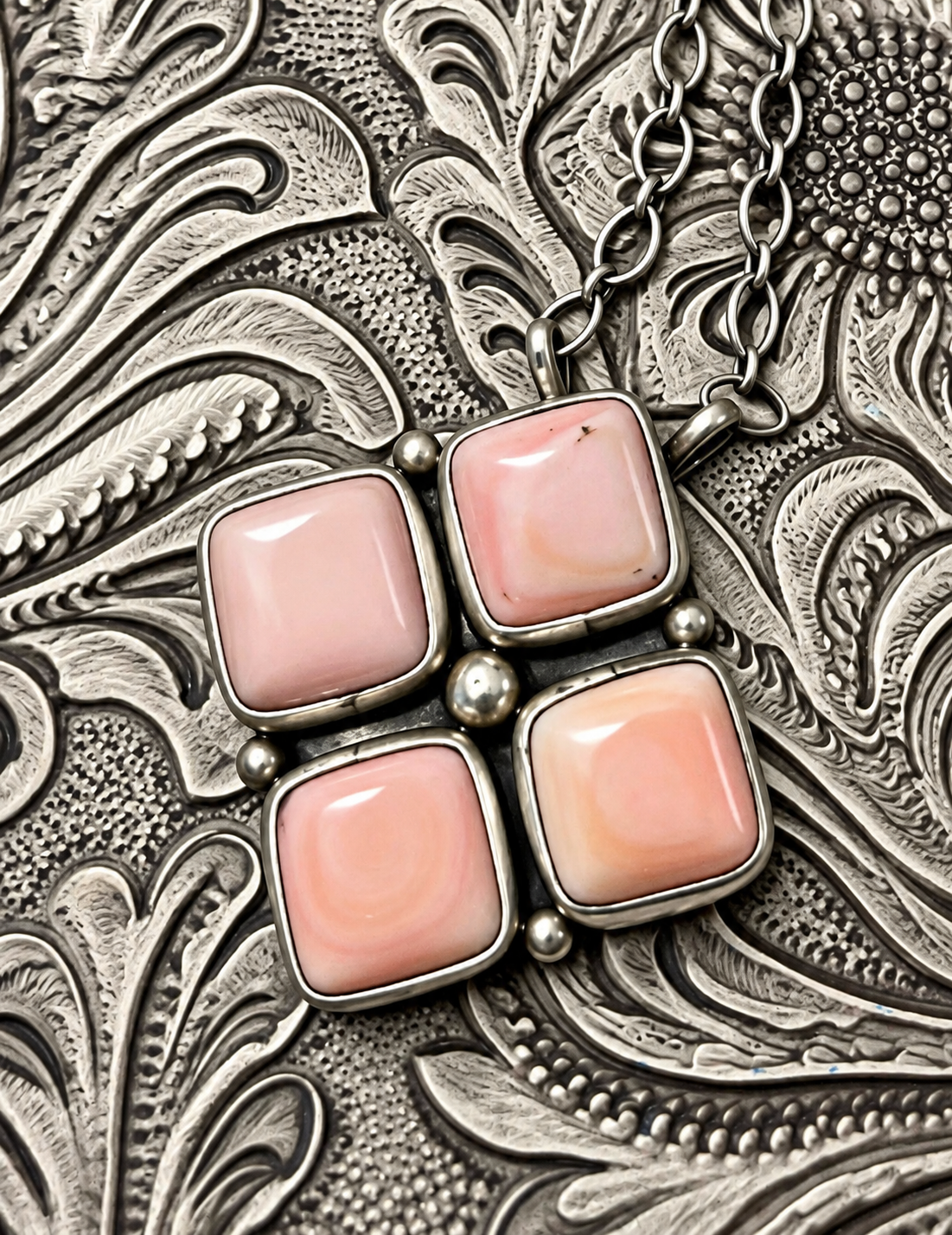 Handcrafted Queen Pink Conch Shell And Sterling Silver Necklace Signed