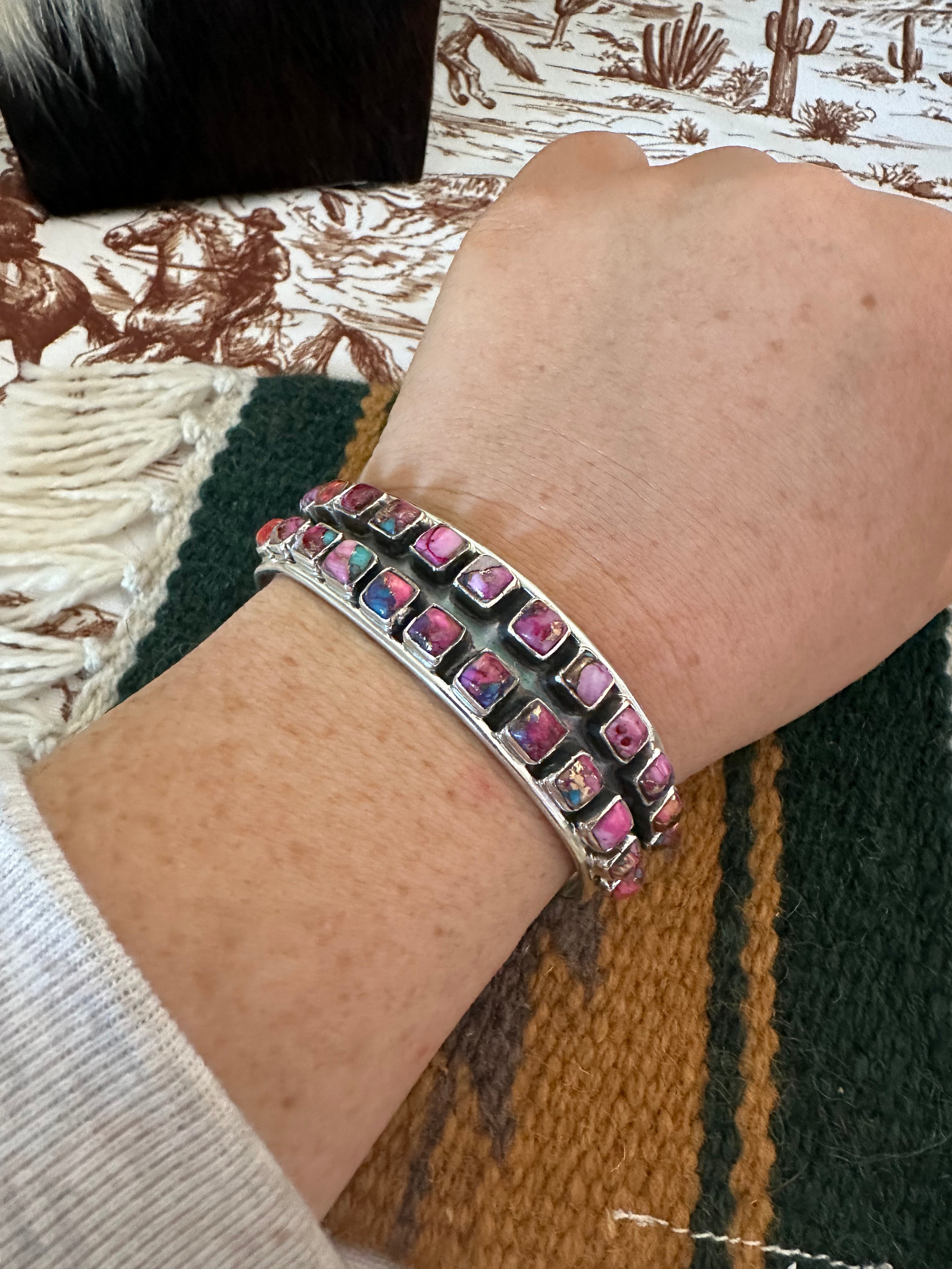 Handmade Sterling Silver & Pink Dream Mojave Adjustable Cuff Bracelet /