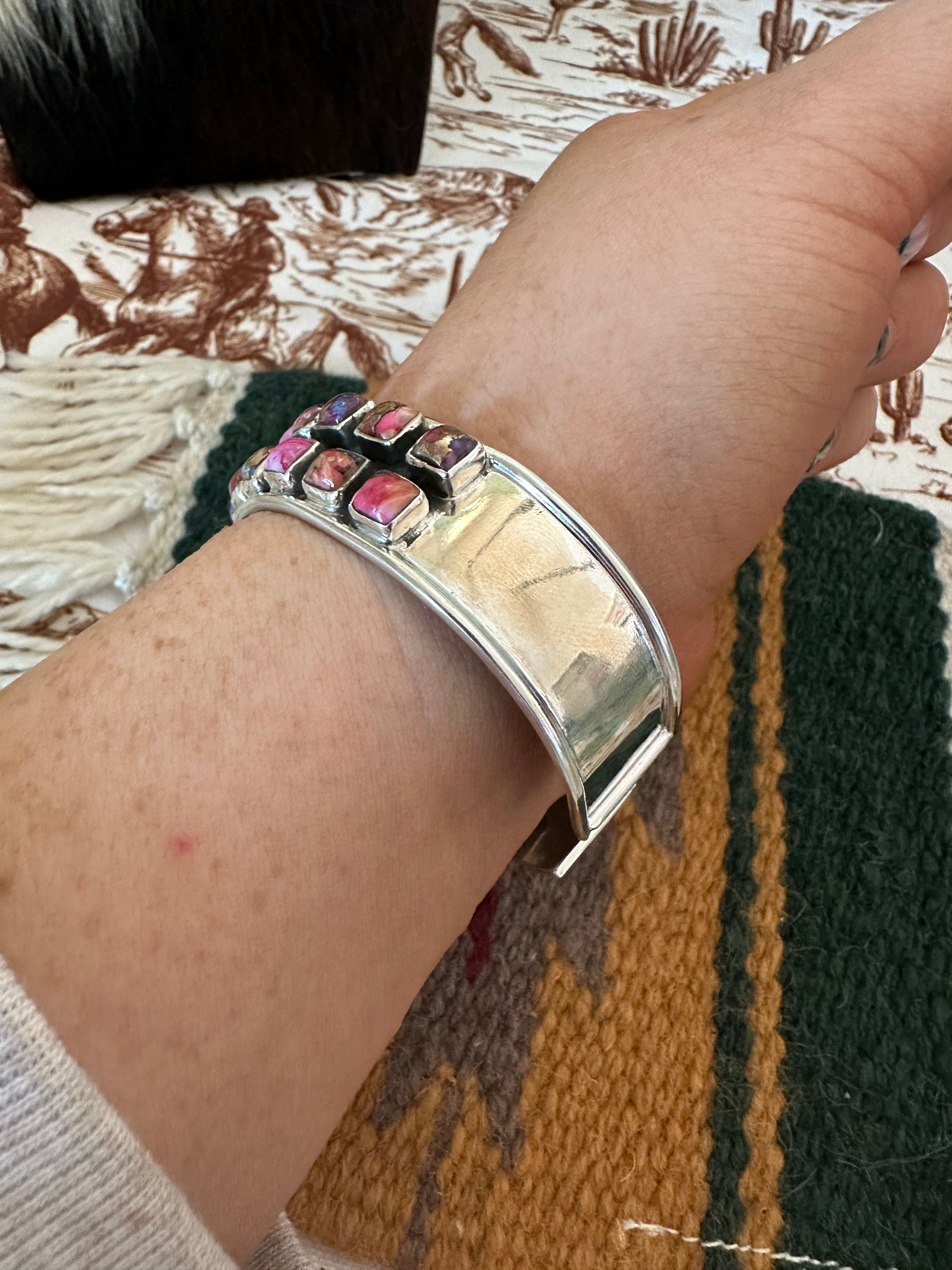 Handmade Sterling Silver & Pink Dream Mojave Adjustable Cuff Bracelet /