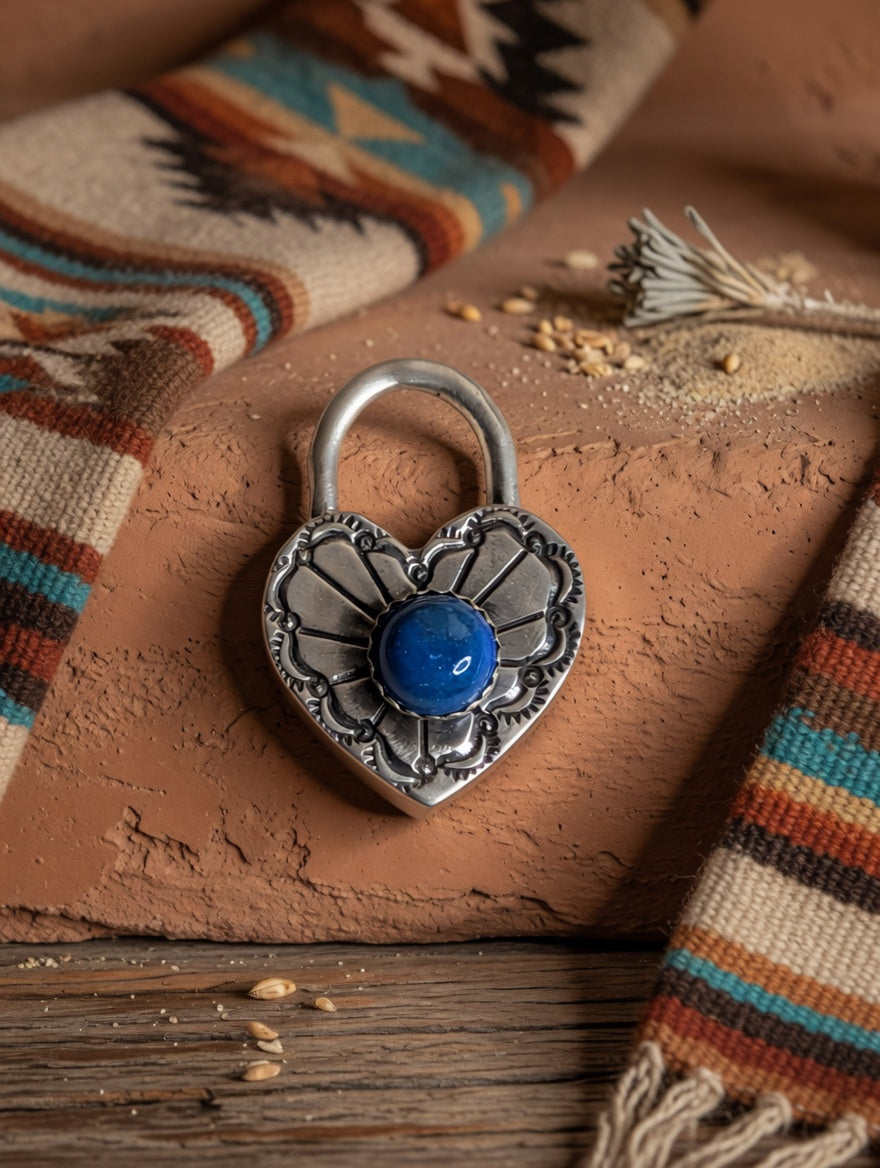 Sterling Silver Heart Padlock Pendant with Lapis Stone