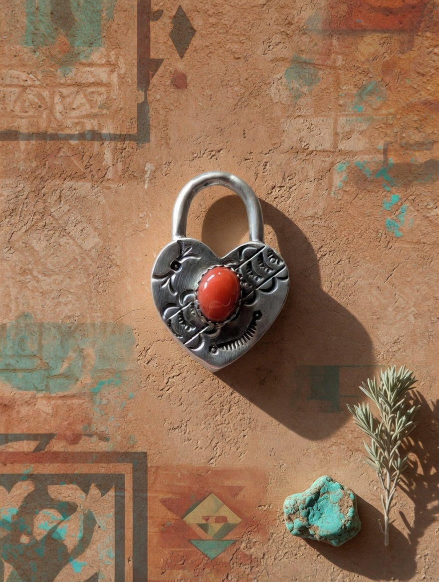 Sterling Silver Heart Padlock Pendant with Coral Stone
