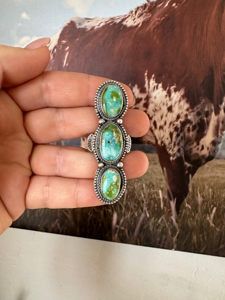 Navajo Sonoran Gold Turquoise & Sterling Silver 3 Stone Ring Size