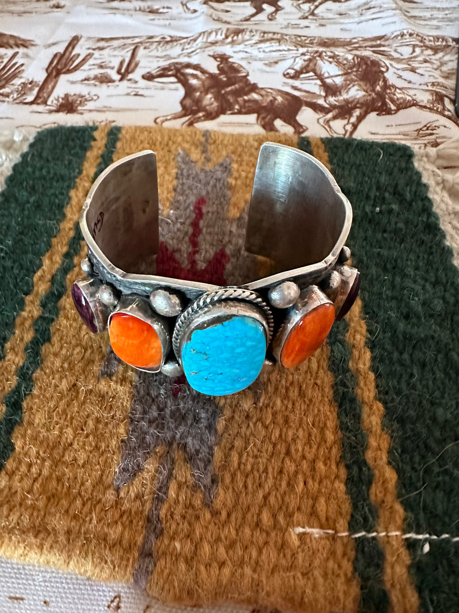 Navajo Turquoise Spiny And Sterling Cuff Bracelet By Guy Hoskie