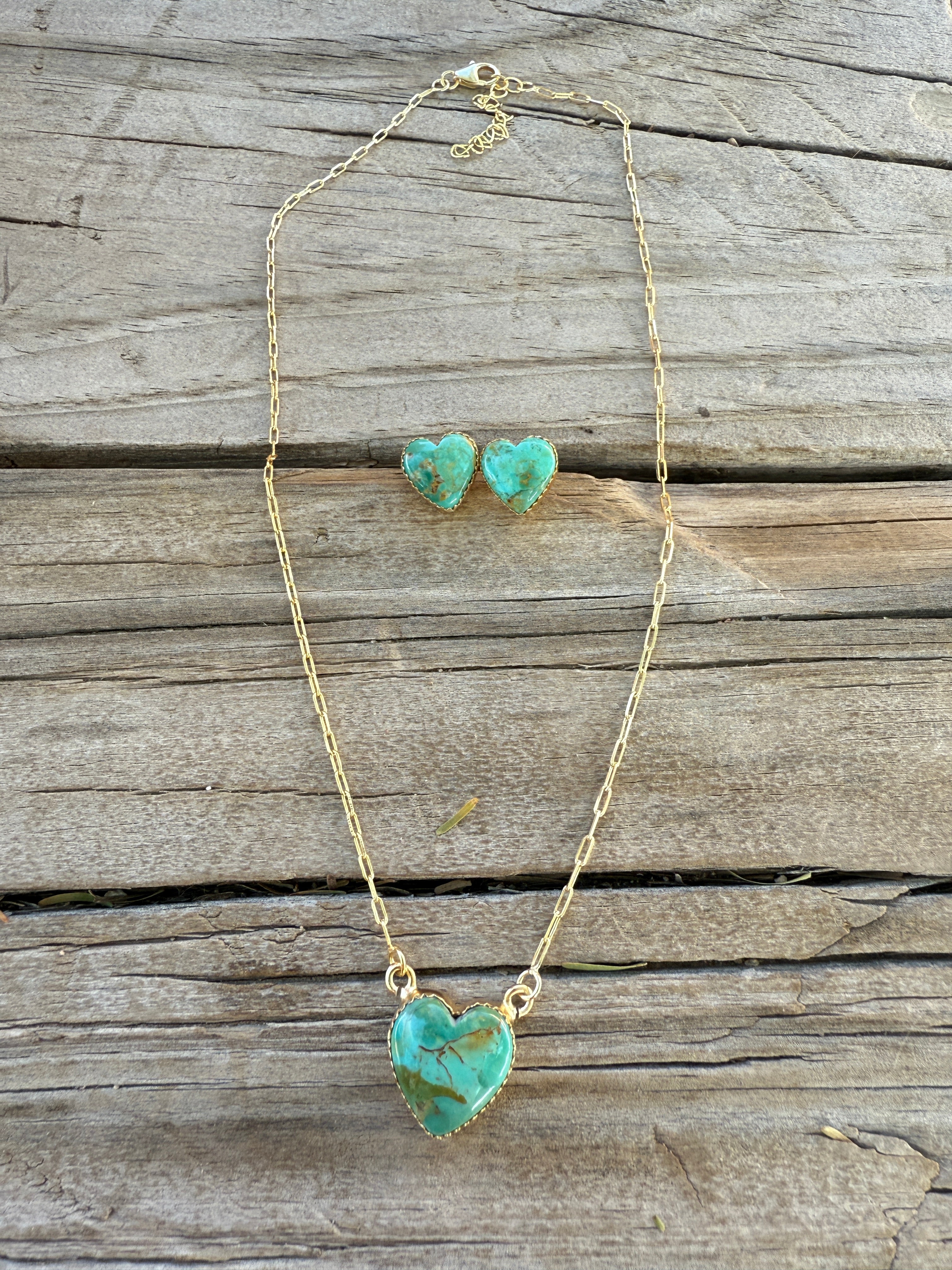 “The Golden Collection” Handmade Gold Plated Kingman Turquoise Necklace Earrings HEART Set Stamped .925