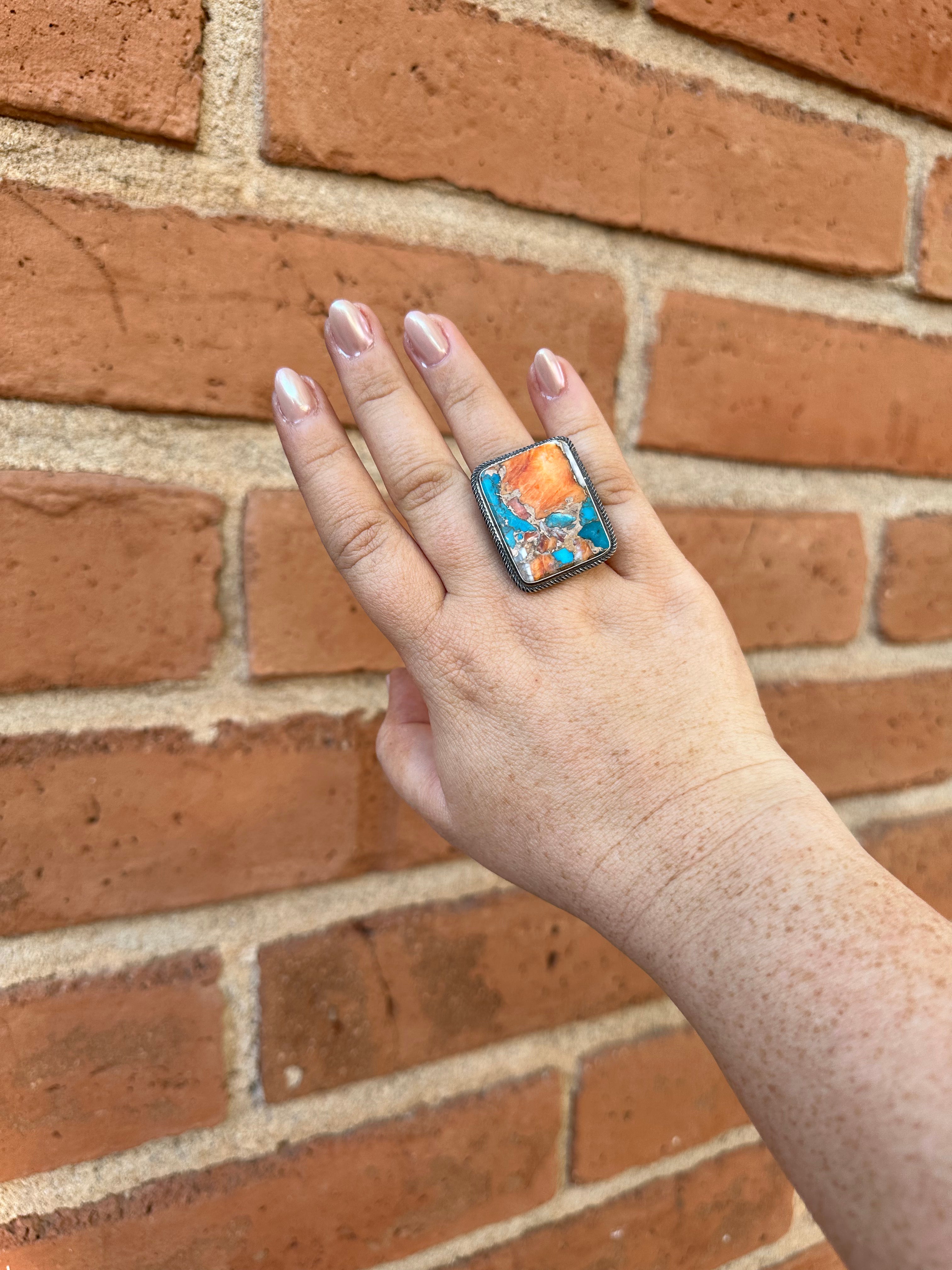 Navajo Jacqueline Silver & Orange Dream Ring Size 9 Signed