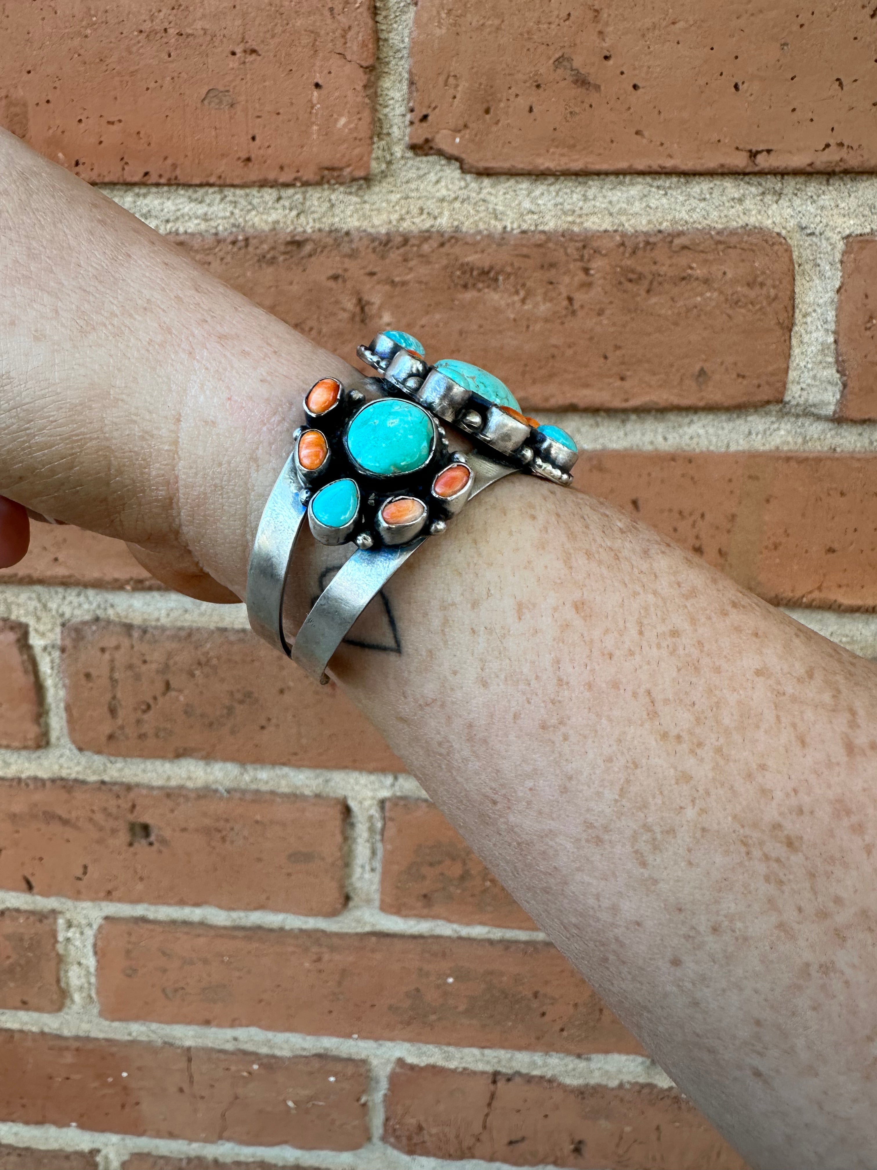 Navajo Turquoise & Spiny Sterling Silver Bracelet Cuff Signed Sheila