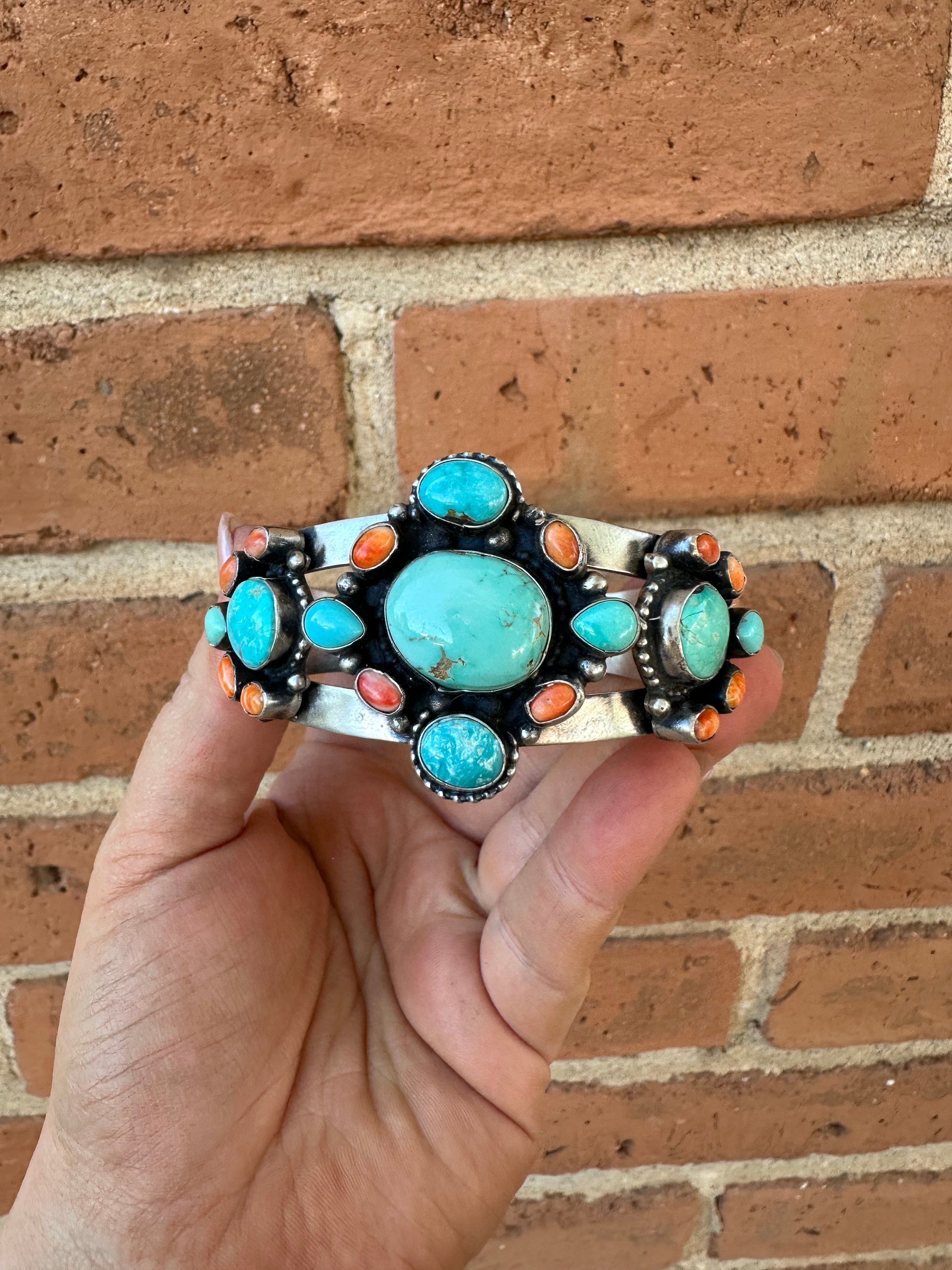 Navajo Turquoise & Spiny Sterling Silver Bracelet Cuff Signed Sheila