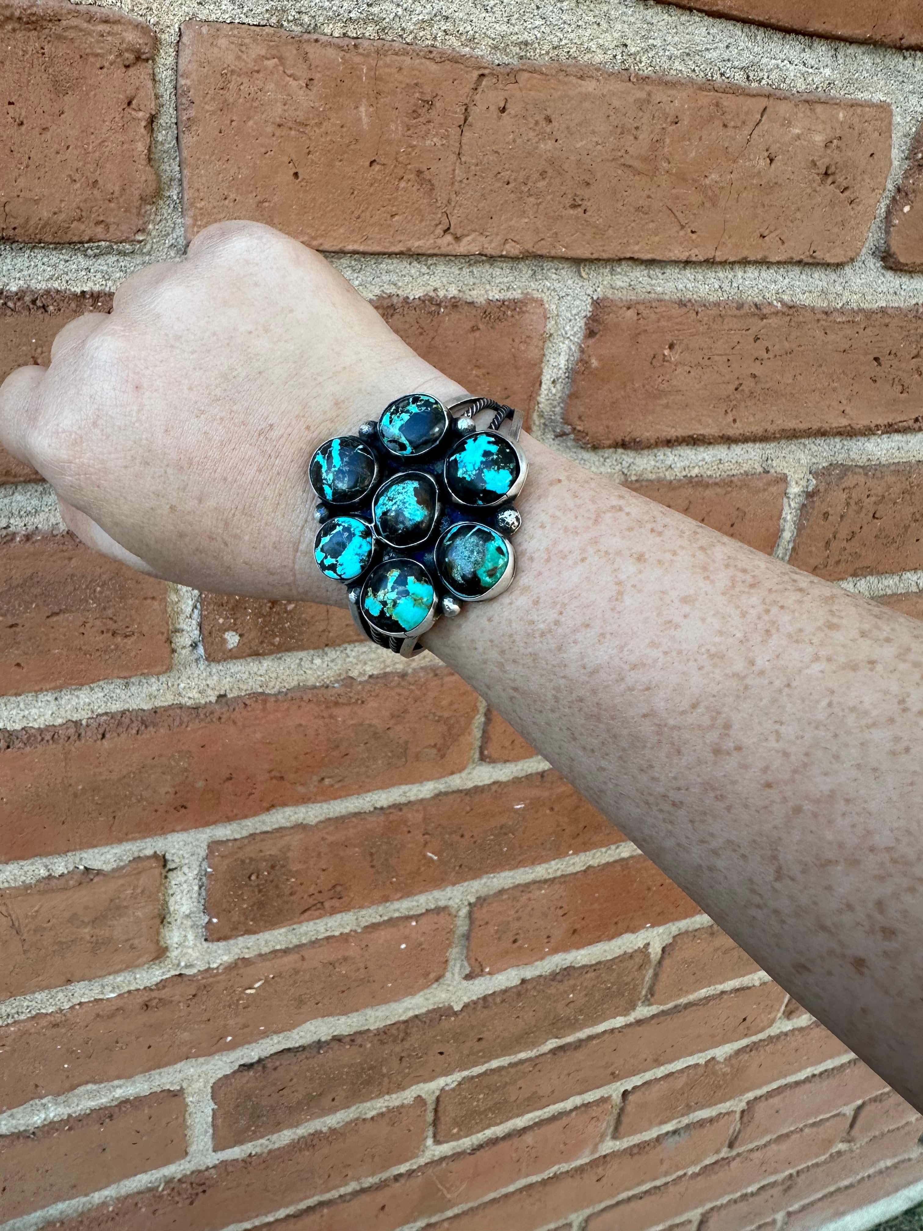 Navajo Royston Turquoise & Sterling Cluster 7 Stone Cuff Bracelet Signed