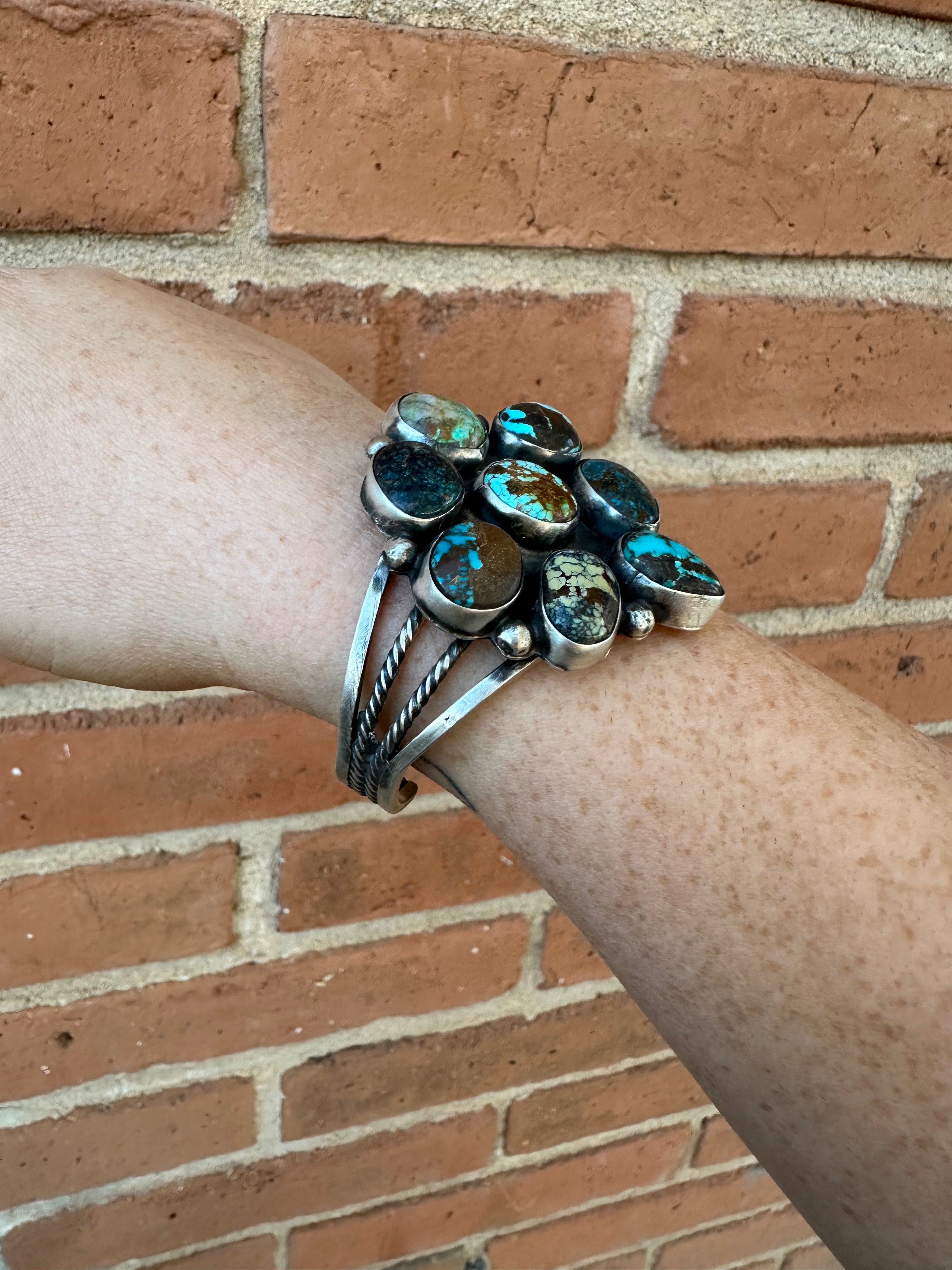 Navajo Royston Turquoise & Sterling Cluster 8 Stone Cuff Bracelet Signed