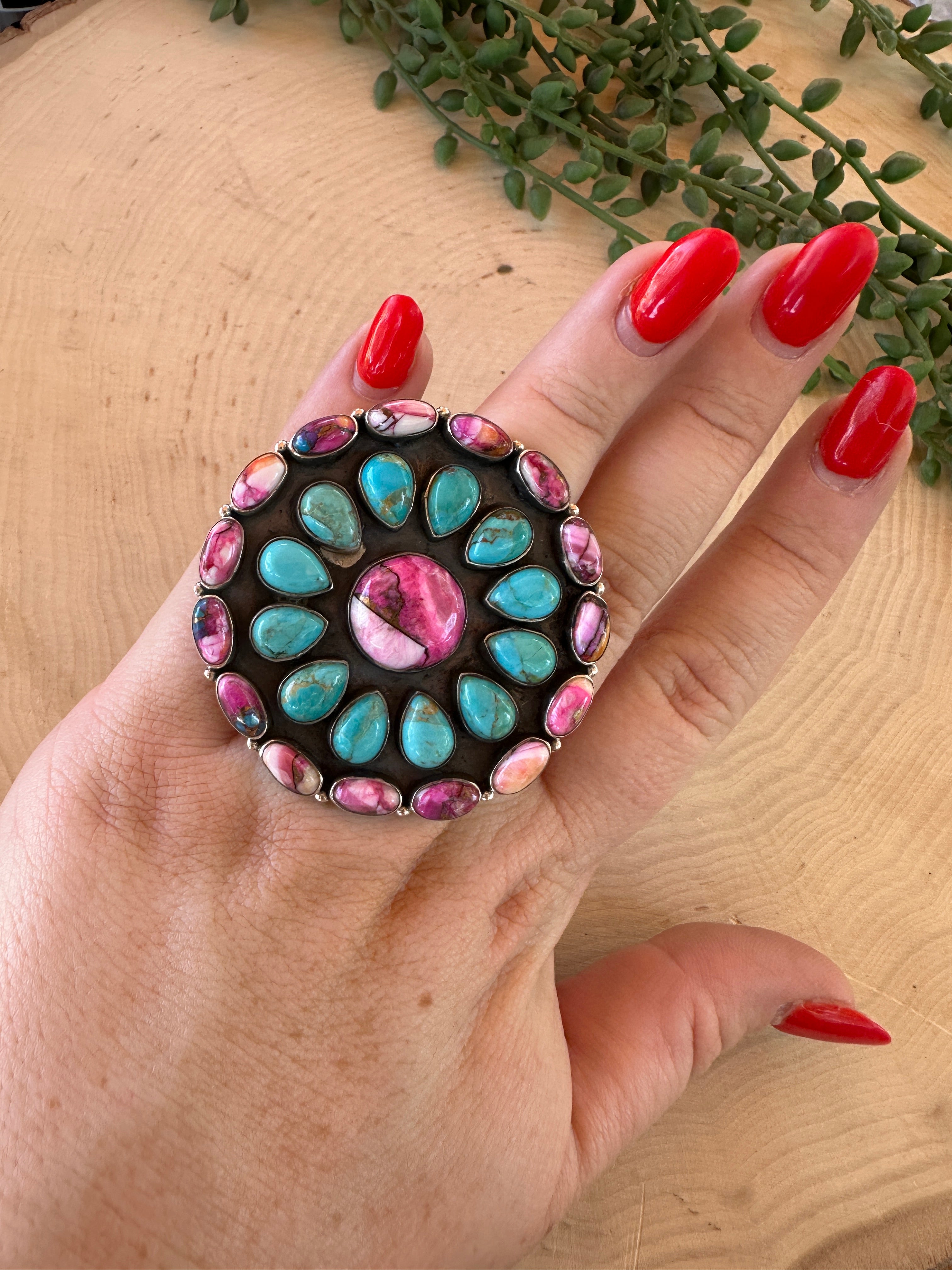 Beautiful Handmade Turquoise, Pink Dream Mojave, And Sterling Silver Adjustable Statement Ring