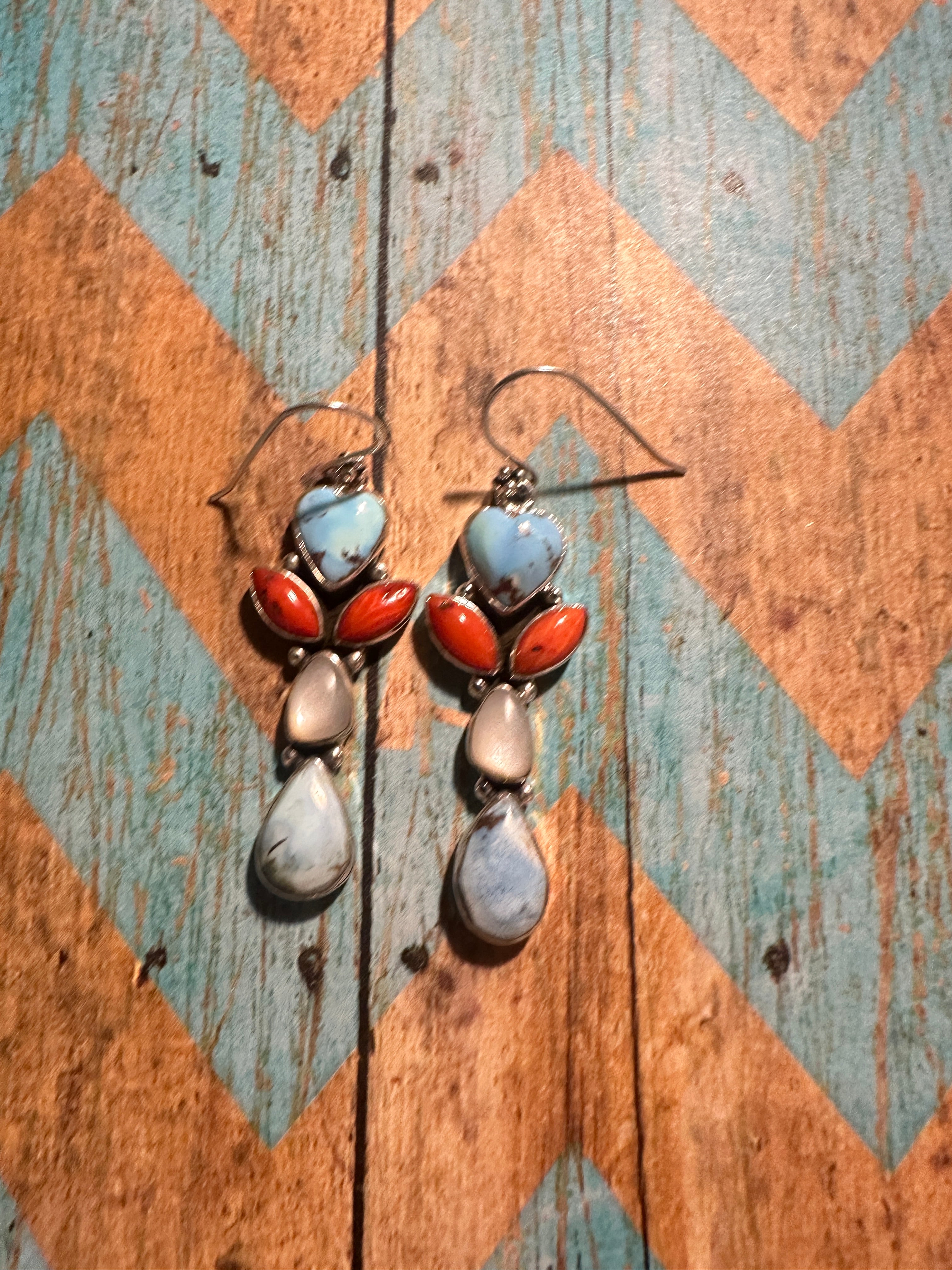 Handmade Golden Hills Turquoise, Mother of Pearl & Coral Dangle Earrings Signed Nizhoni