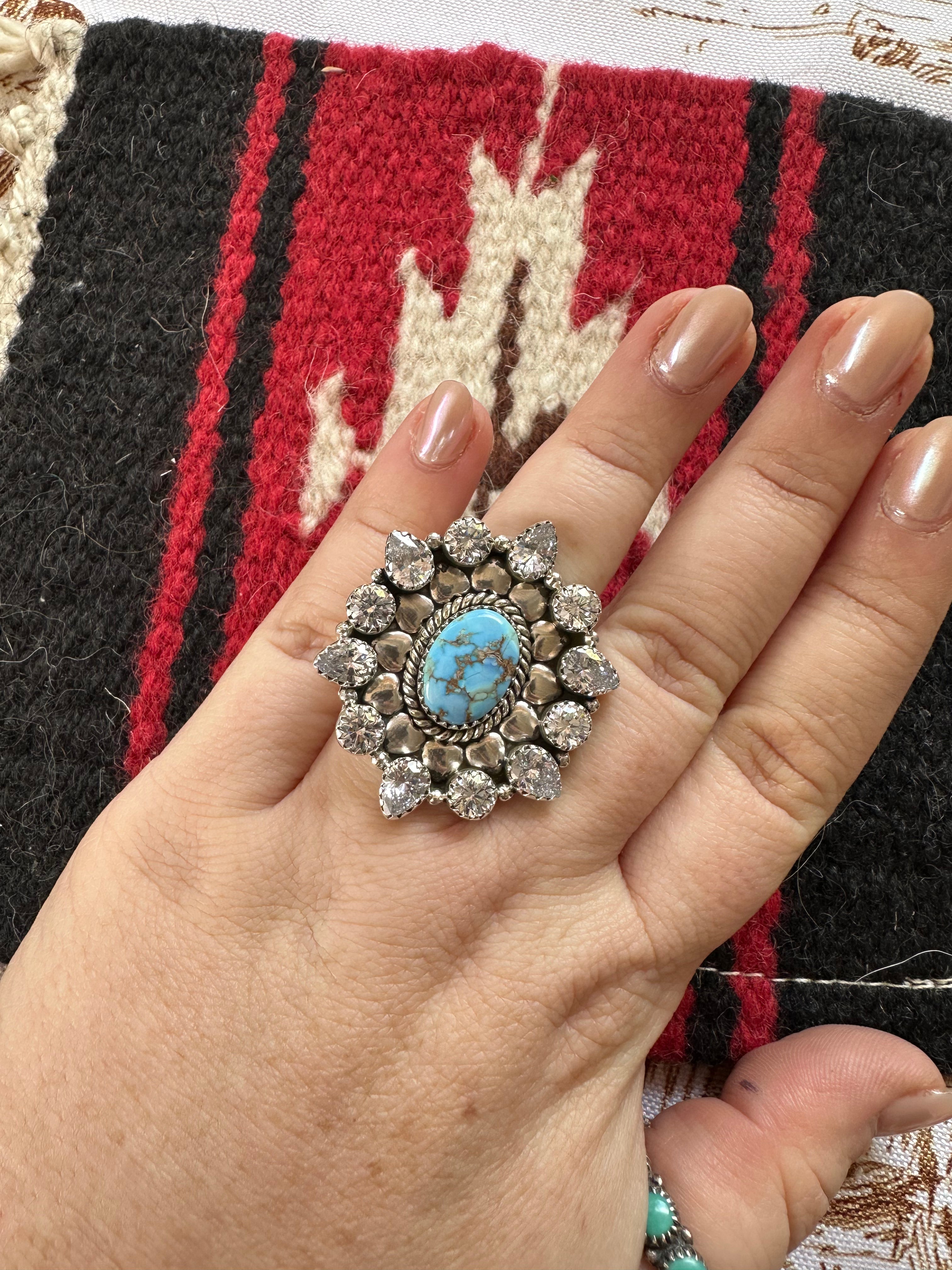 Handmade Sterling Silver, Cz & Natural Golden Hills Turquoise Adjustable Ring Signed Nizhoni