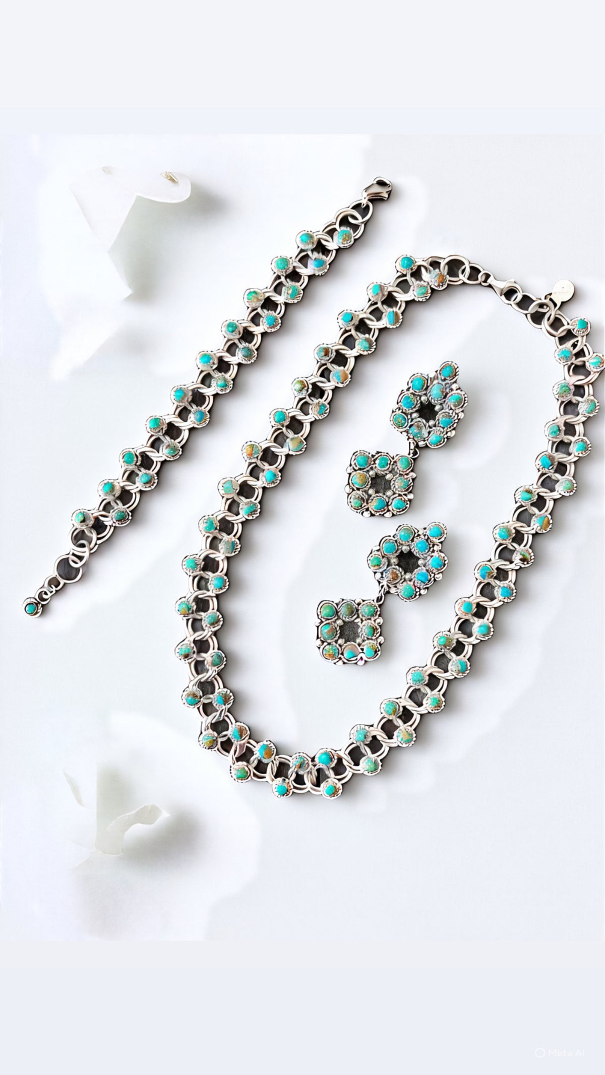 Handcrafted Sterling and Snake Eye Turquoise Link Necklace, Bracelet & Earrings by Dillon Cheama