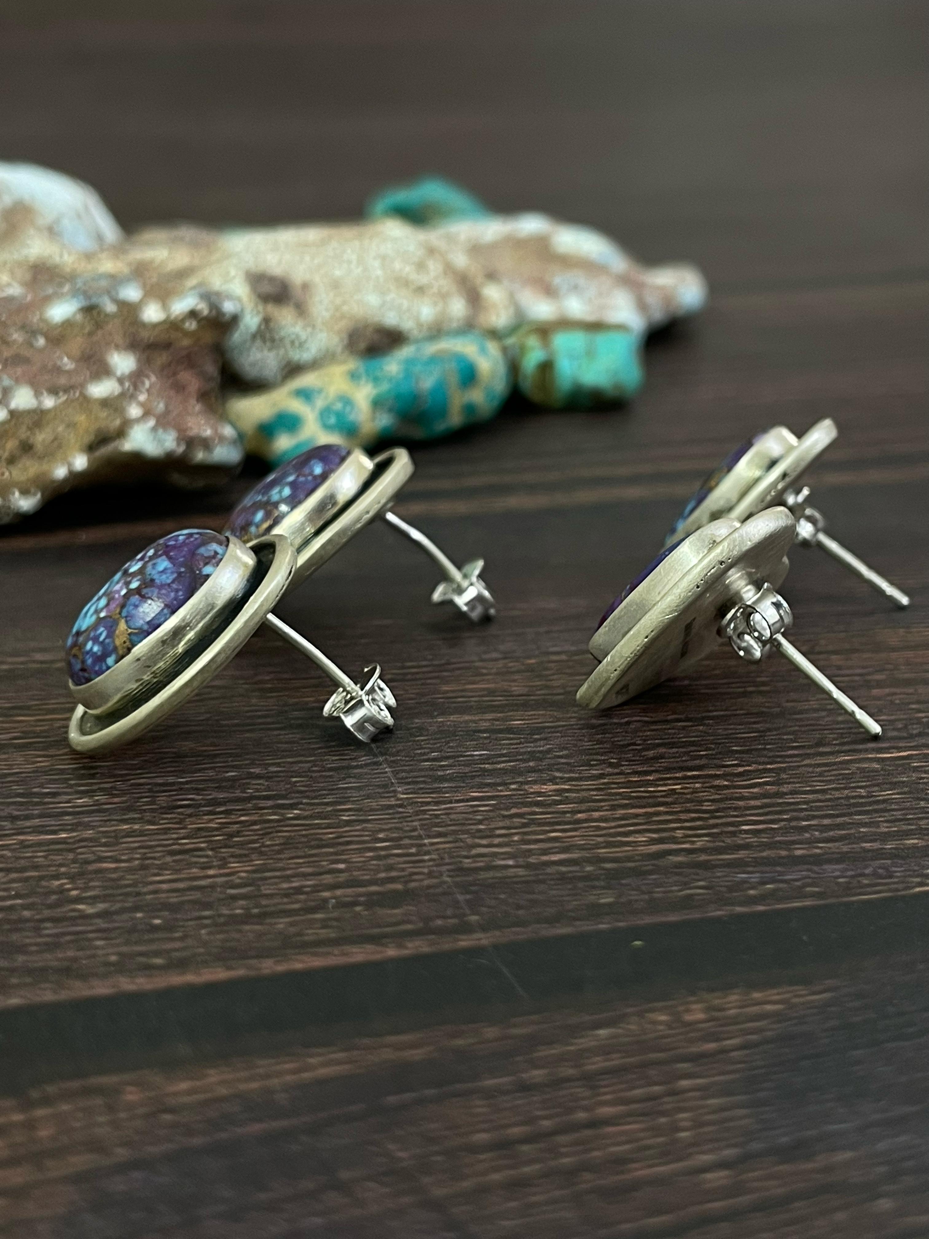 Handmade Sterling Silver Purple Copper Turquoise Post Earrings, Signed Nizhoni