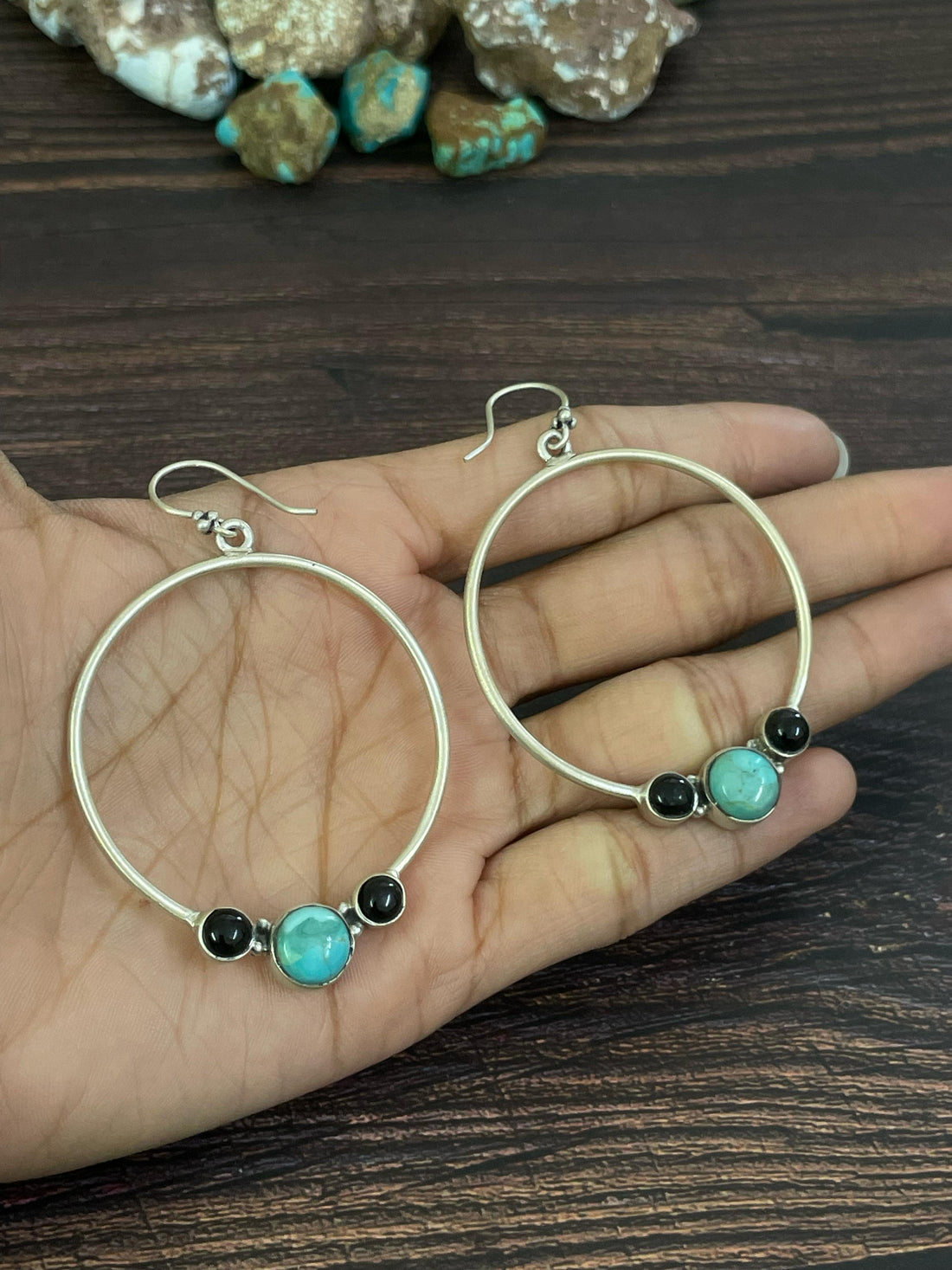 Handmade Sterling Silver Kingman Turquoise and Black Onyx Dangle Earrings, Signed Nizhoni