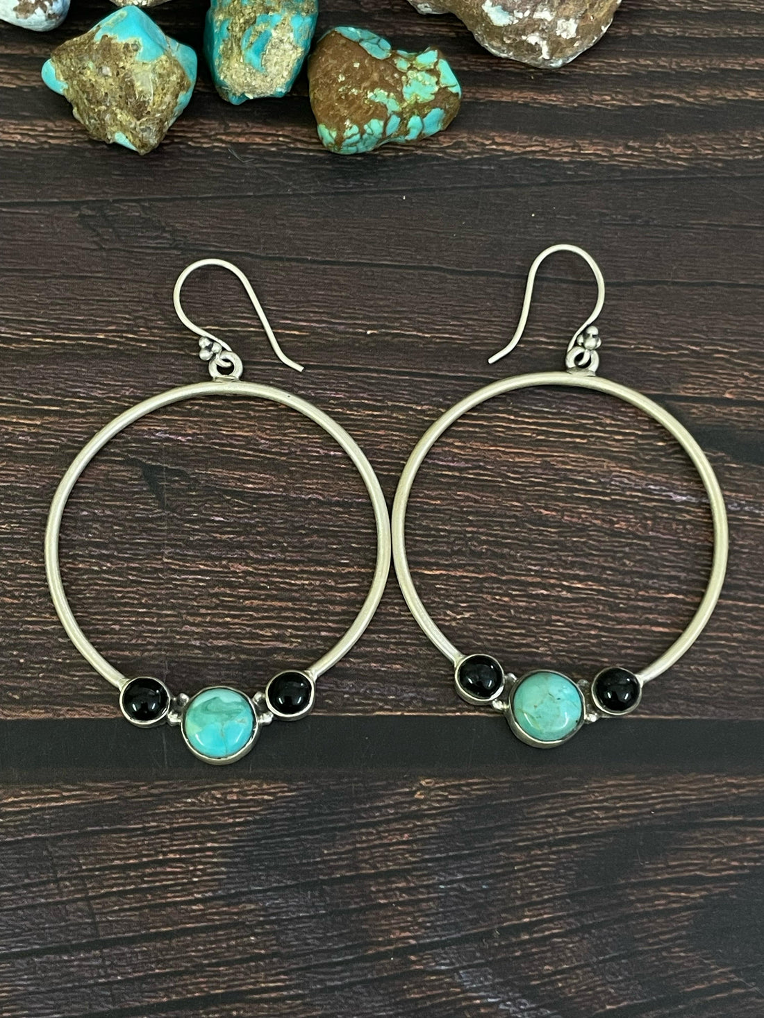 Handmade Sterling Silver Kingman Turquoise and Black Onyx Dangle Earrings, Signed Nizhoni