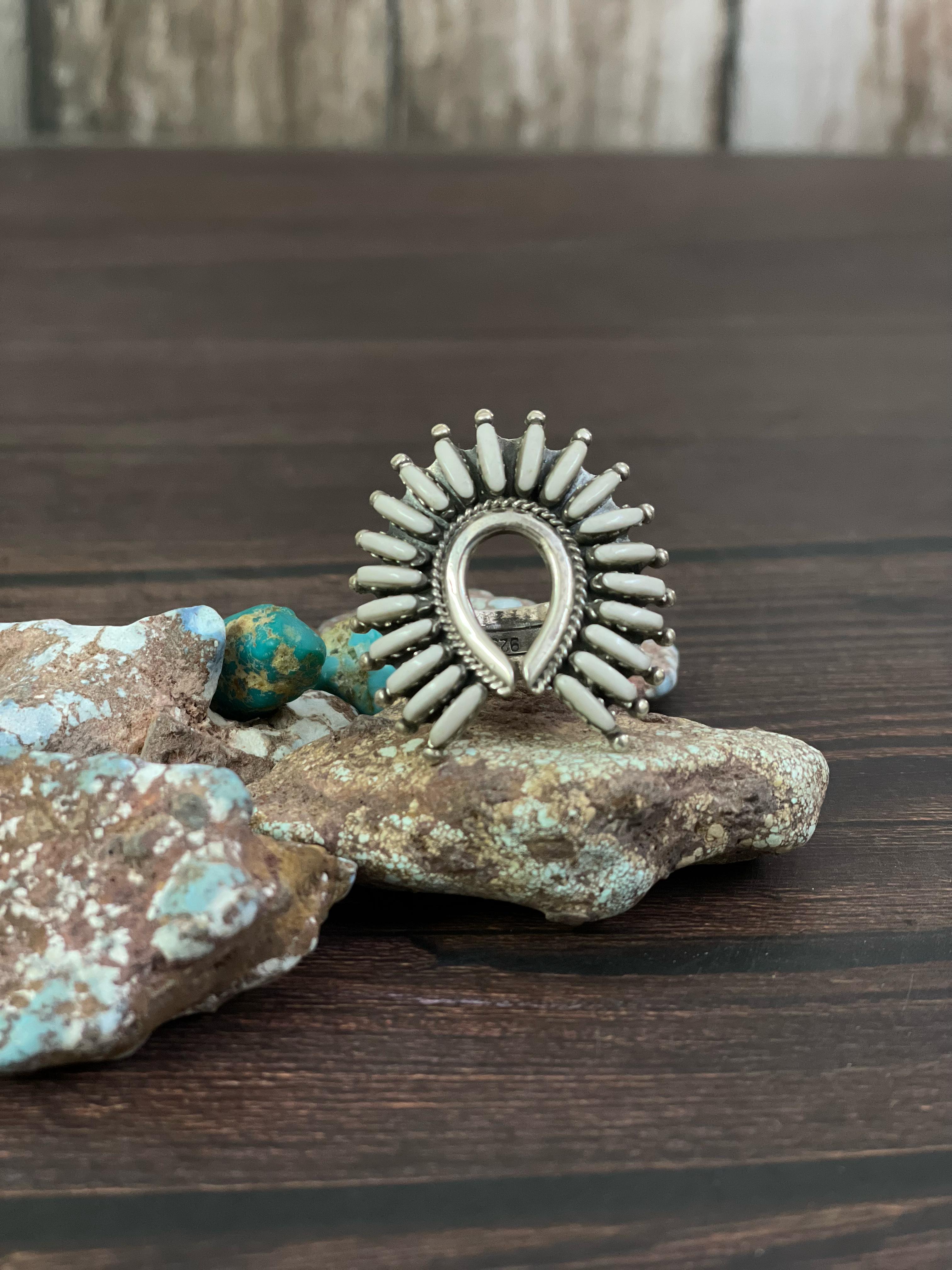 Handmade Sterling Silver White Buffalo Turquoise Adjustable Ring, Signed Nizhoni