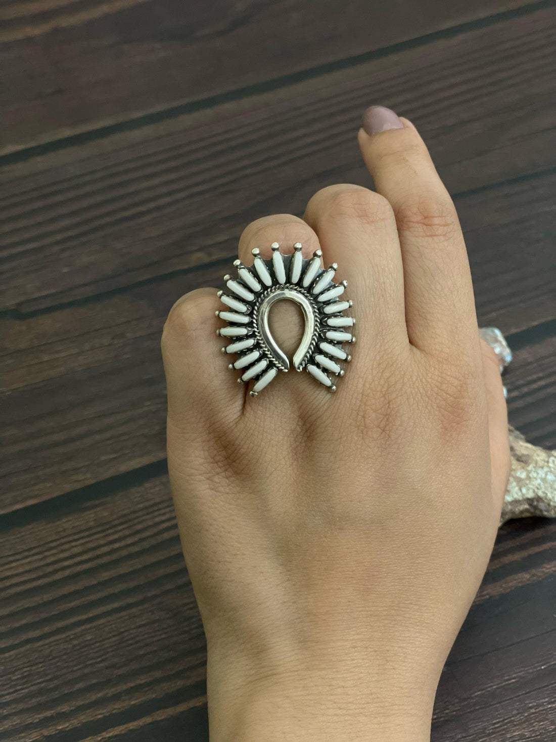 Handmade Sterling Silver White Buffalo Turquoise Adjustable Ring, Signed Nizhoni