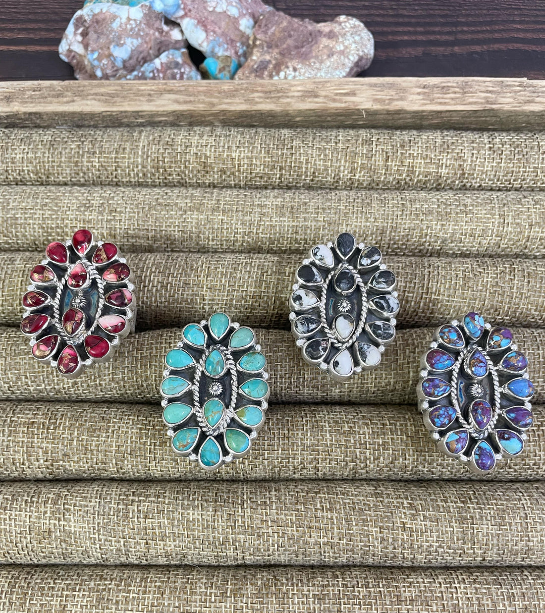 Handmade Sterling Silver Red Rose Dahlia, White Buffalo, Kingman, Purple Copper Turquoise Adjustable Rings, Signed Nizhoni