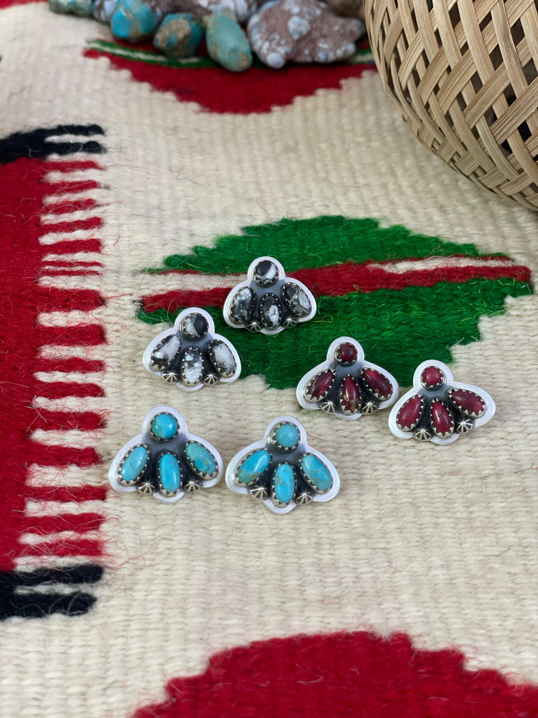 Handmade Sterling Silver Red Rose Dahlia, White Buffalo, Kingman Turquoise Post Earrings, Signed Nizhoni
