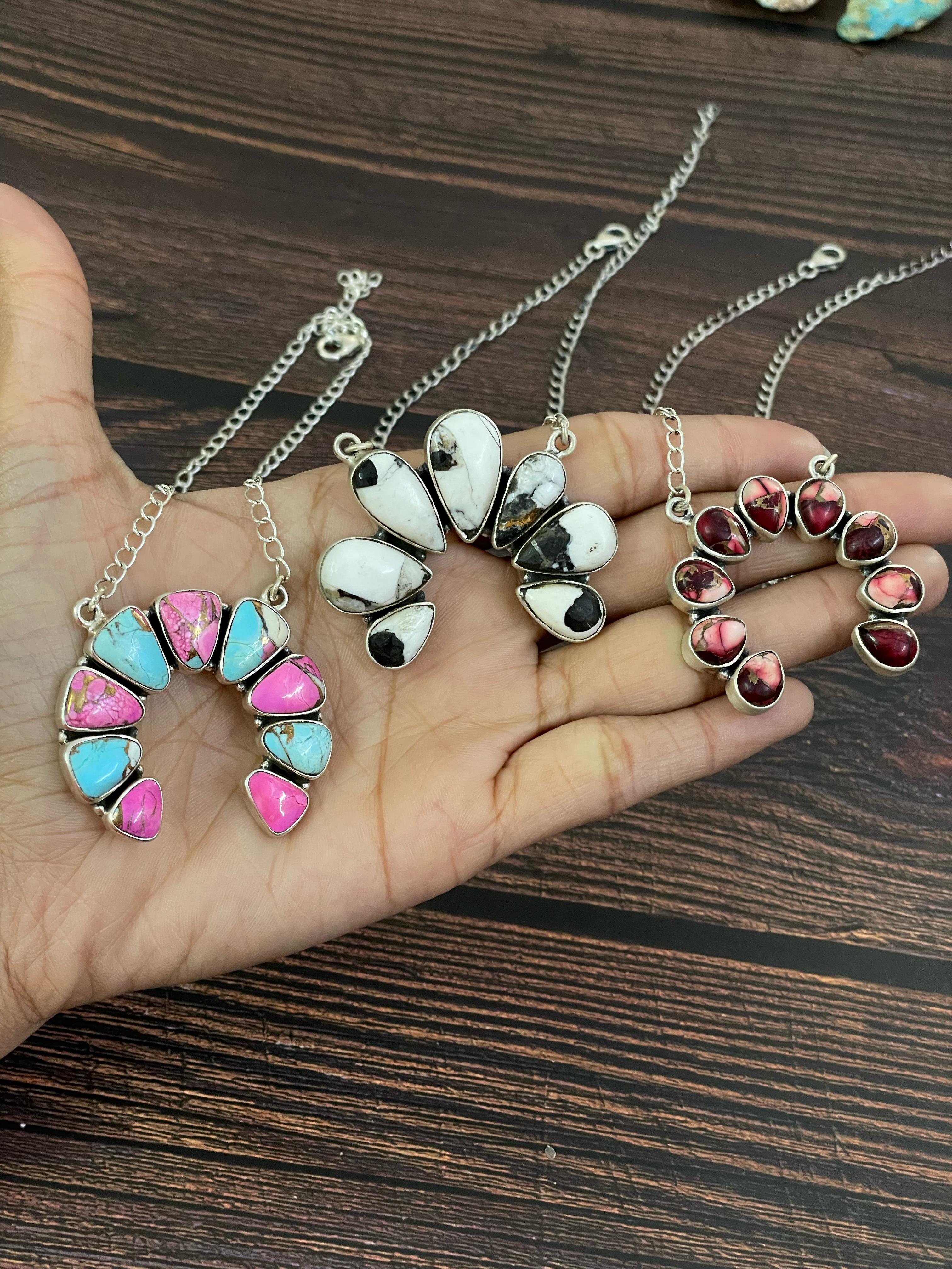 Handmade Sterling Silver Cotton Candy, White Buffalo, Rose Dahlia Naja Necklace, Signed Nizhoni