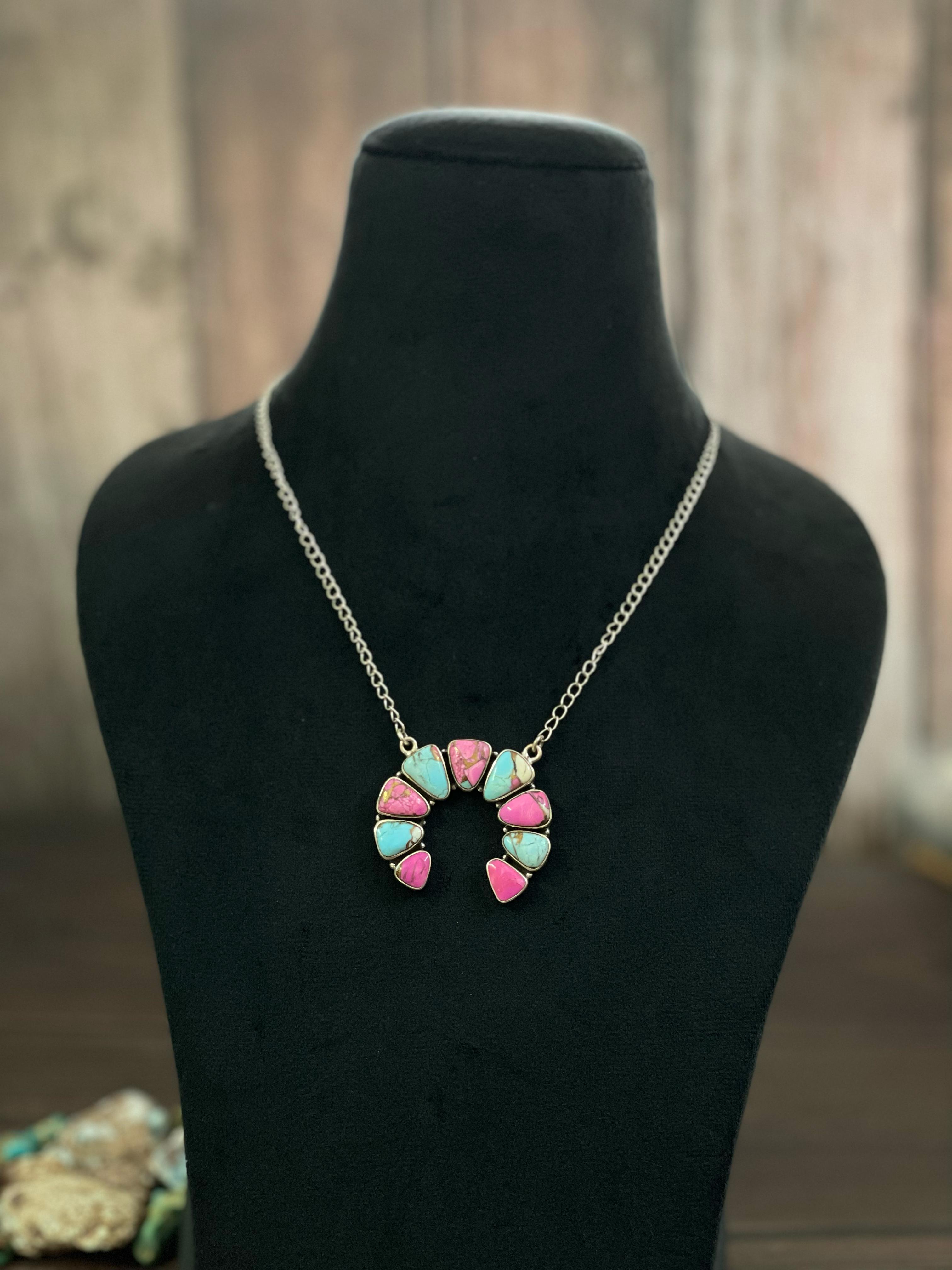 Handmade Sterling Silver Cotton Candy, White Buffalo, Rose Dahlia Naja Necklace, Signed Nizhoni