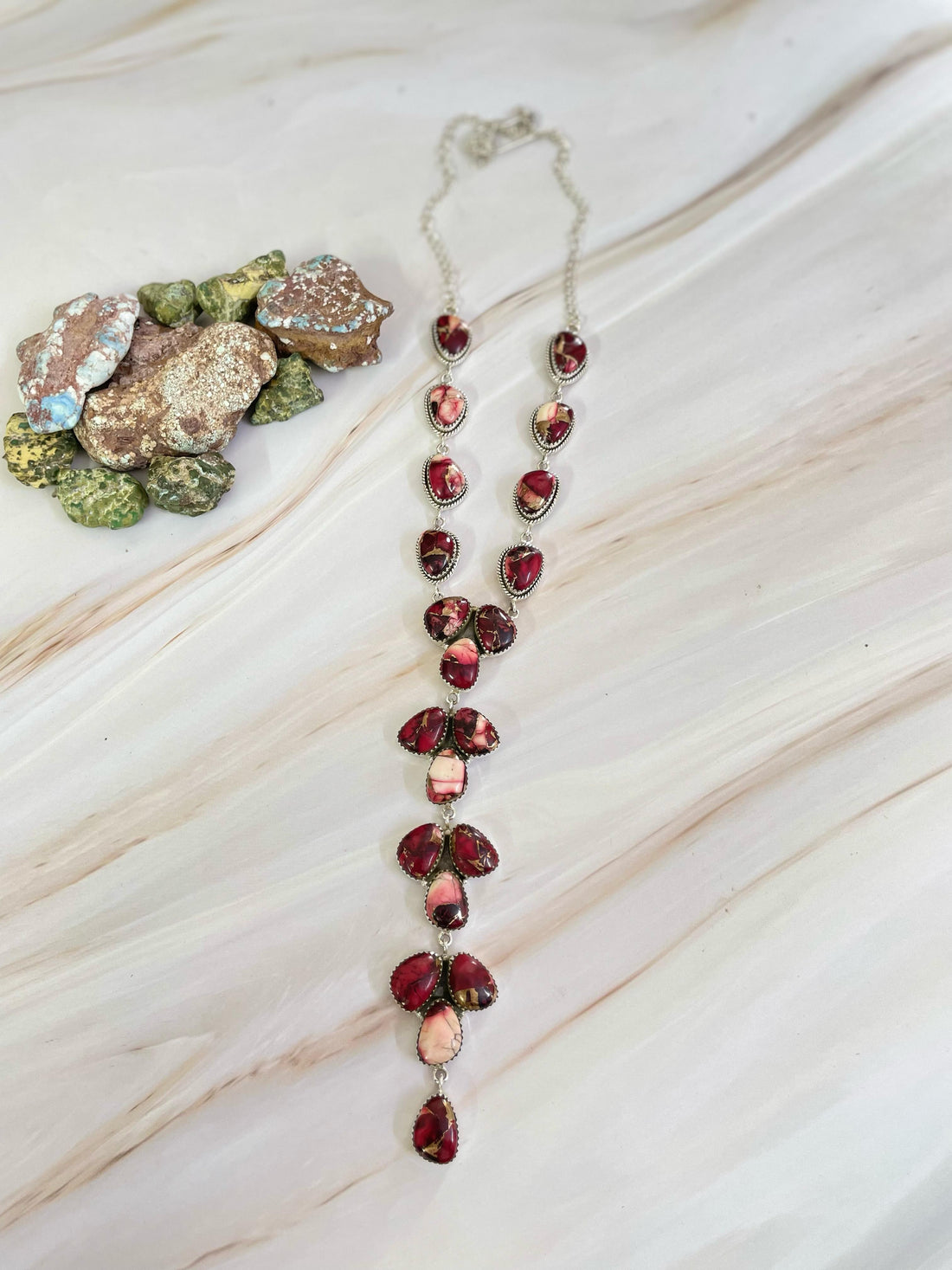 Handmade Sterling Silver Red Rose Dahlia Turquoise Necklace, Signed Nizhoni