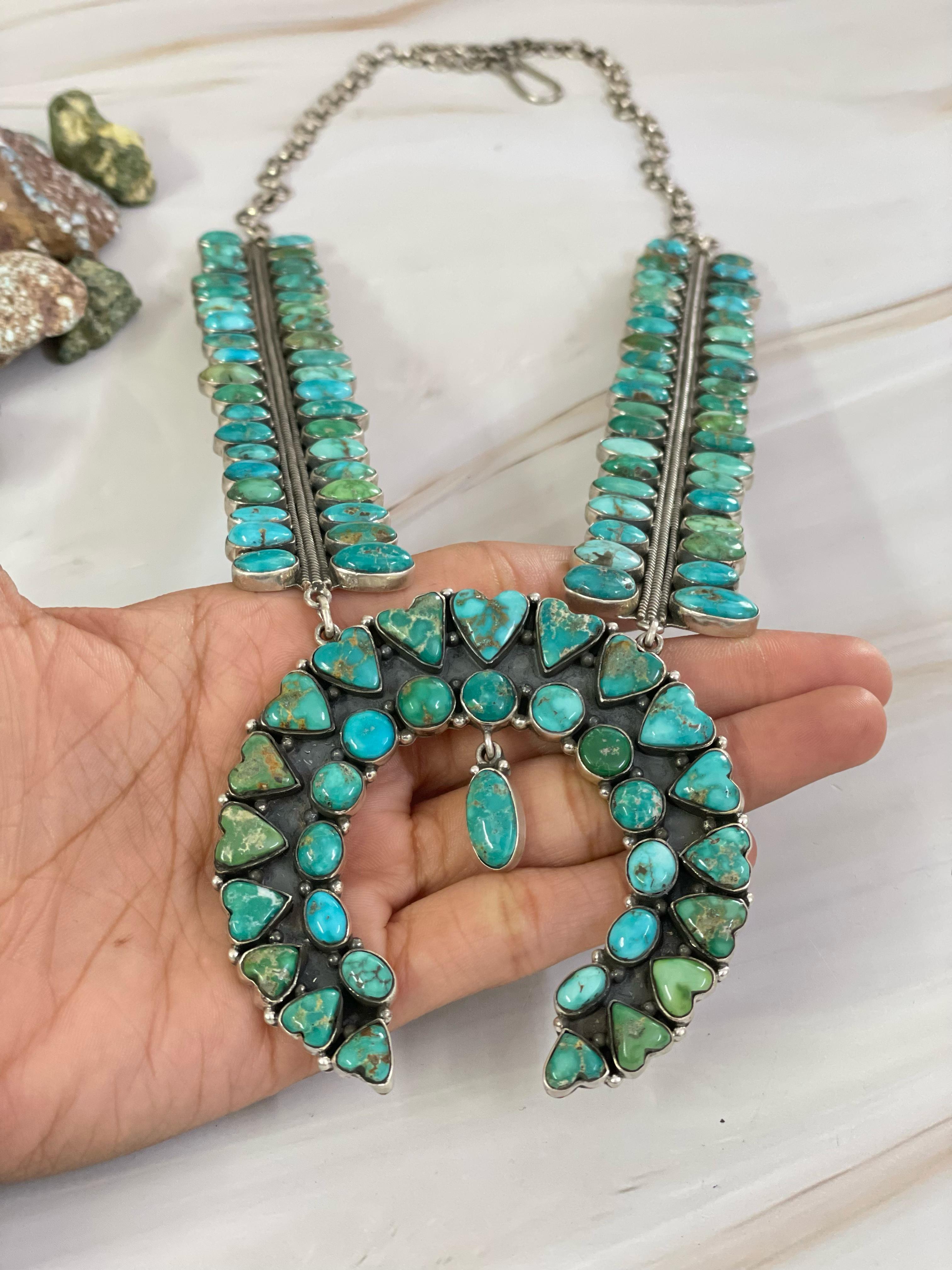 Handmade Sterling Silver Emerald Valley Turquoise Necklace, Signed Nizhoni