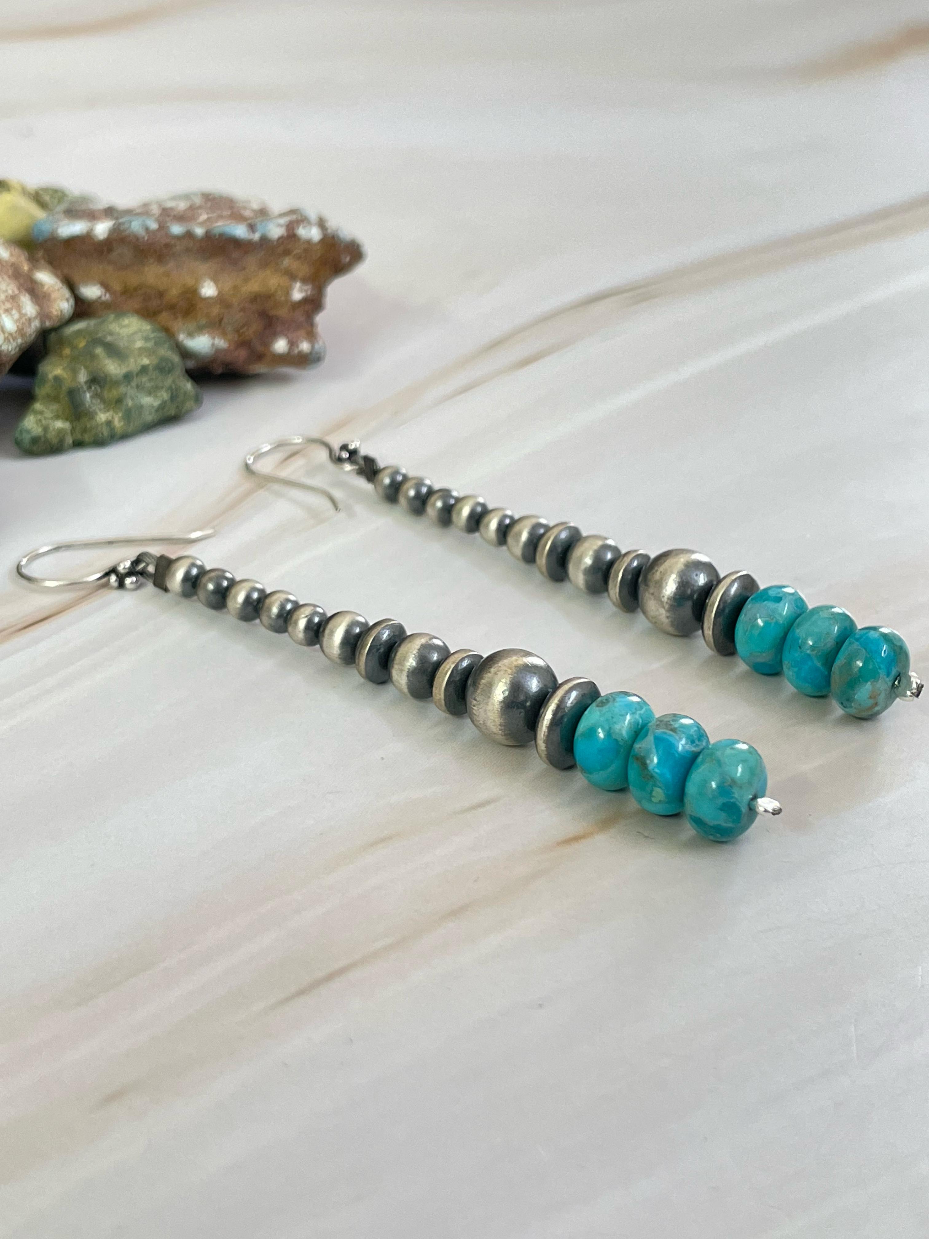 Handmade Sterling Silver Kingman Turquoise Dangler Earrings, Signed Nizhoni