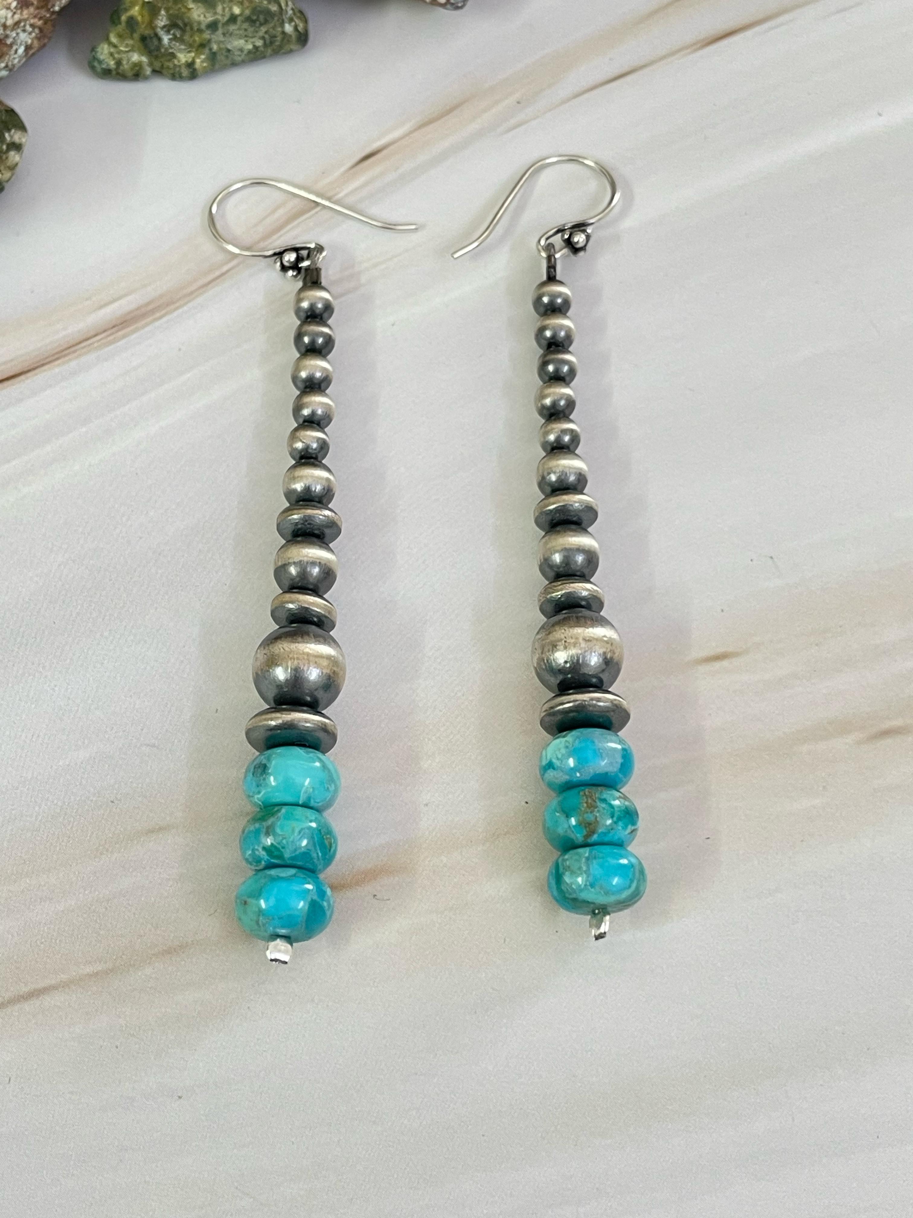 Handmade Sterling Silver Kingman Turquoise Dangler Earrings, Signed Nizhoni