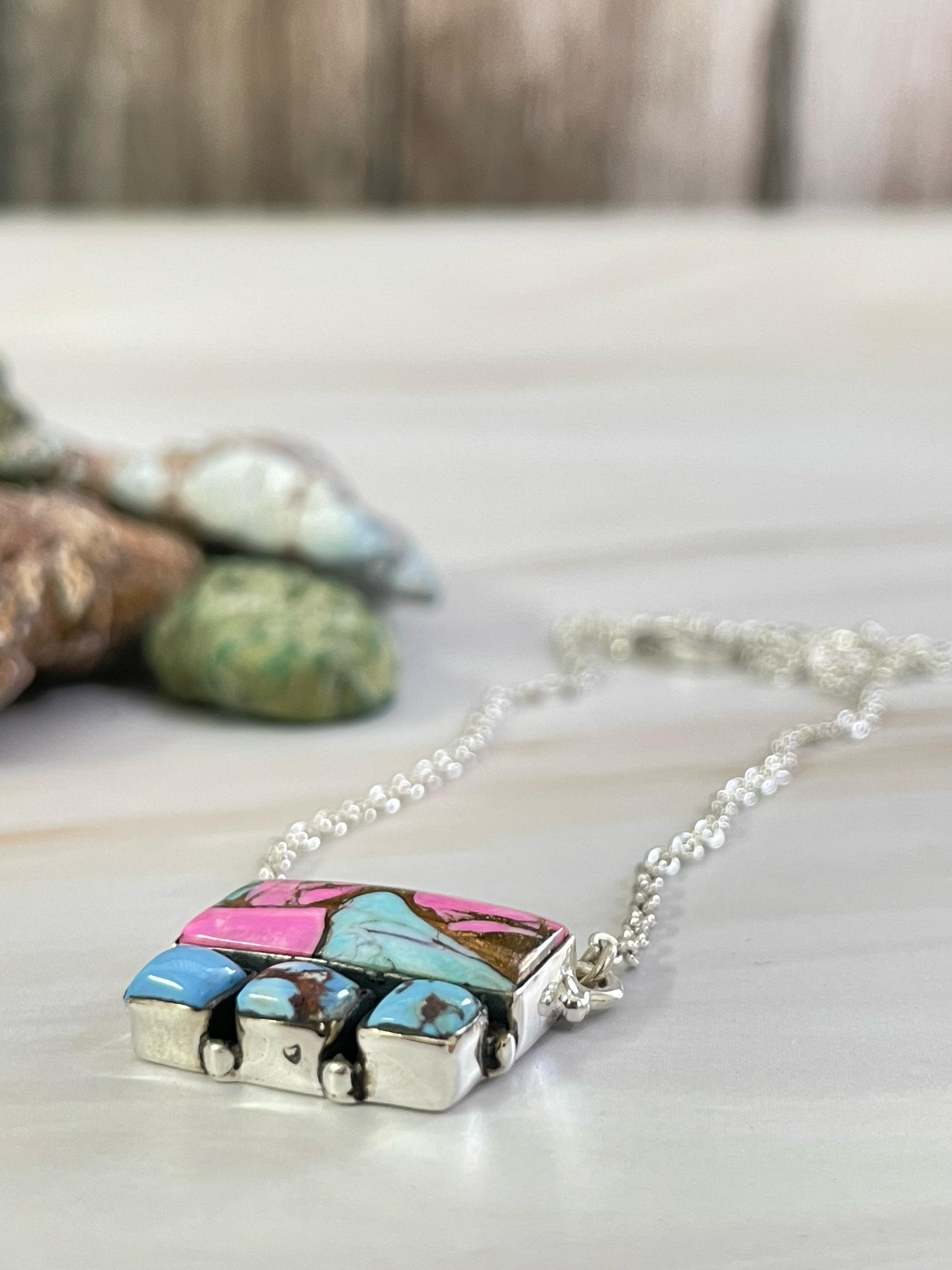 Handmade Sterling Silver Cotton Candy with Golden Hills Turquoise Necklace, Signed Nizhoni