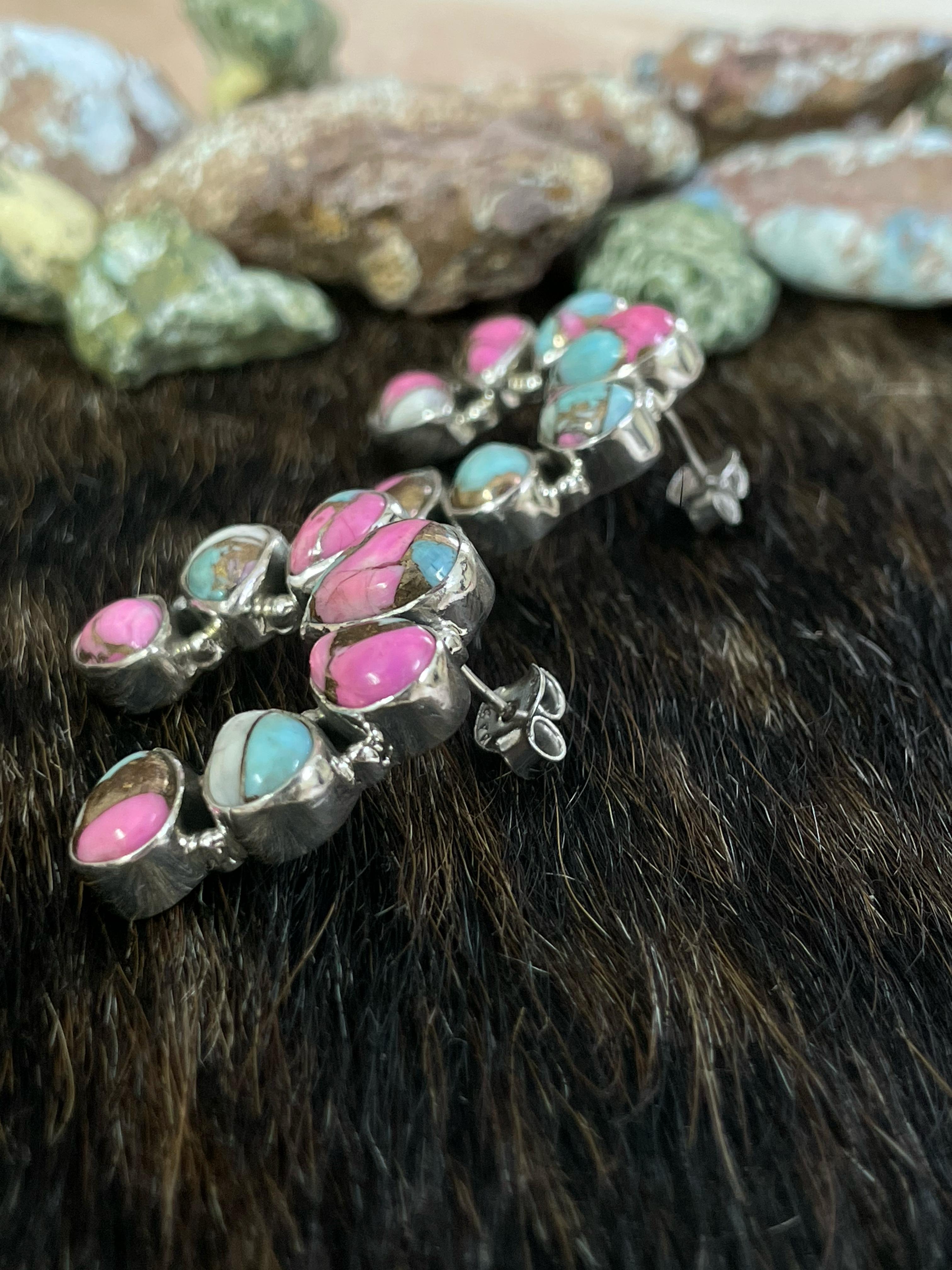 Handmade Sterling Silver Cotton Candy Turquoise, Post Earrings, Signed Nizhoni