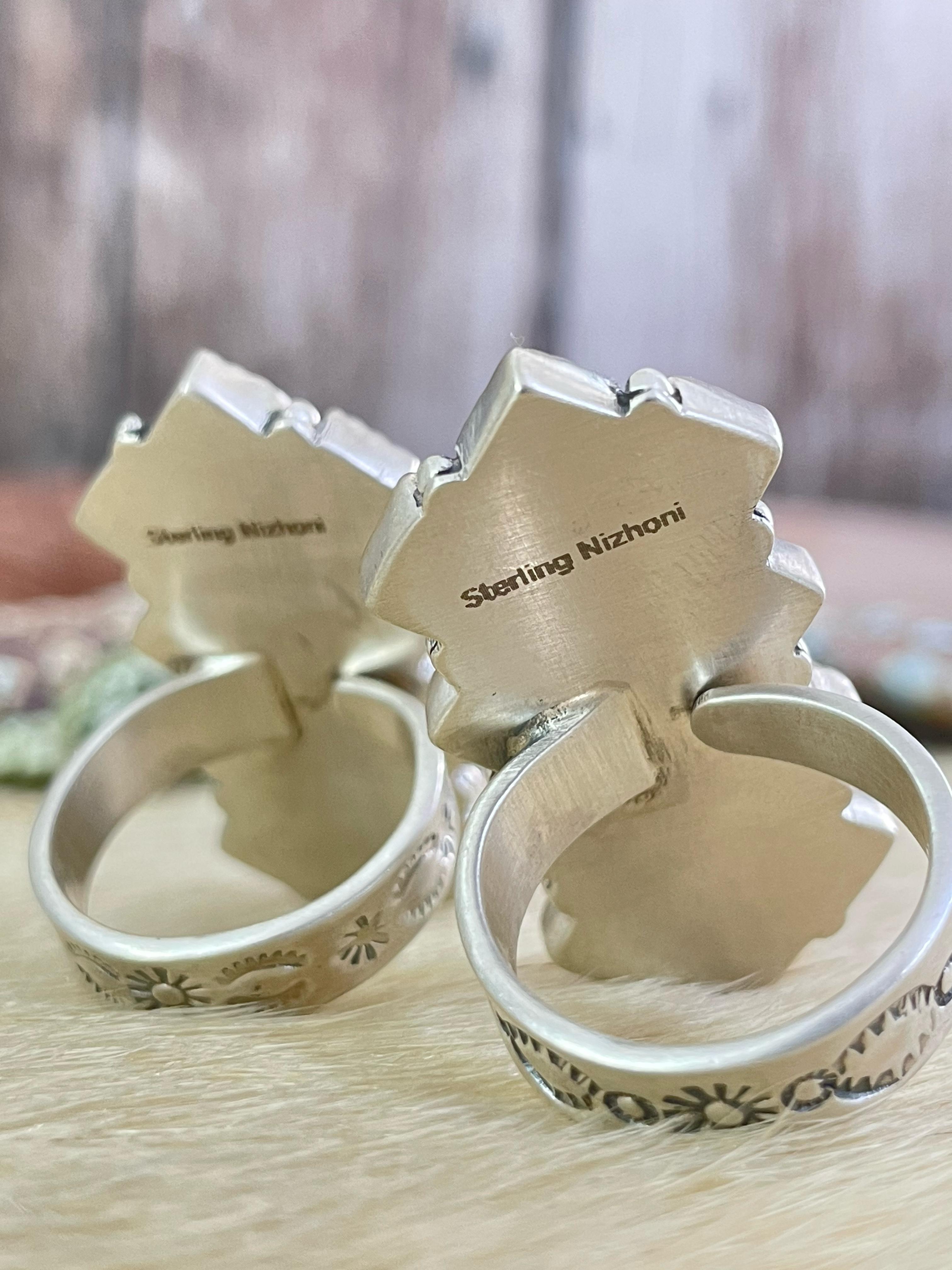 Handmade Silver Sterling Cotton Candy Turquoise, Red Rose Dahlia Adjustable Ring with Signed Nizhoni