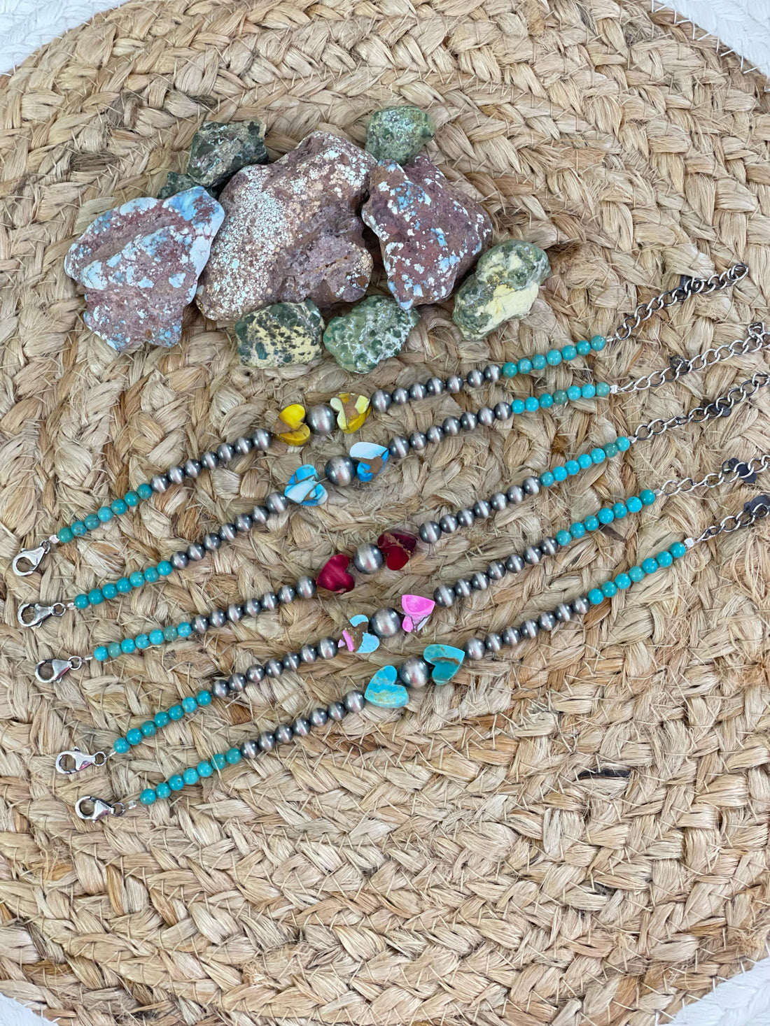 Handmade Sterling Silver Red Rose Dahlia, Cotton Candy, Honey Dahlia, Kingman, Kingman Ice Blue Beaded Bracelet with Signed Nizhoni