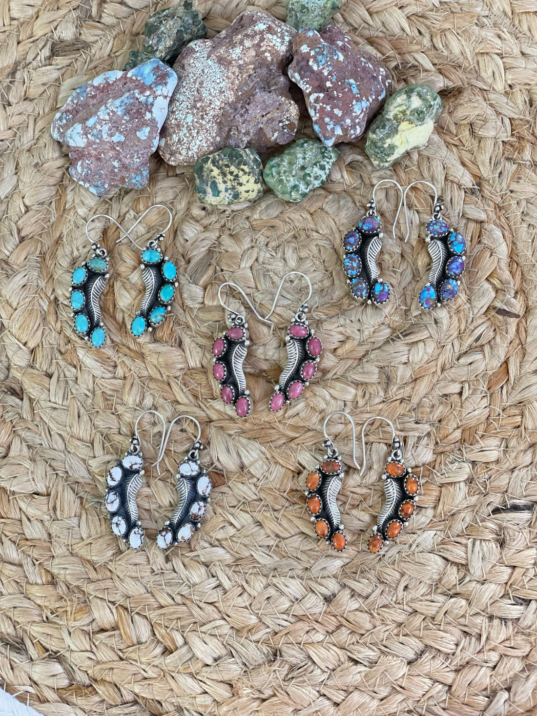 Handmade Sterling Silver Purple Kingman Mojave, Orange Mojave, Thulite, Kingman, Wild Horse Dangle Earrings with Signed Nizhoni