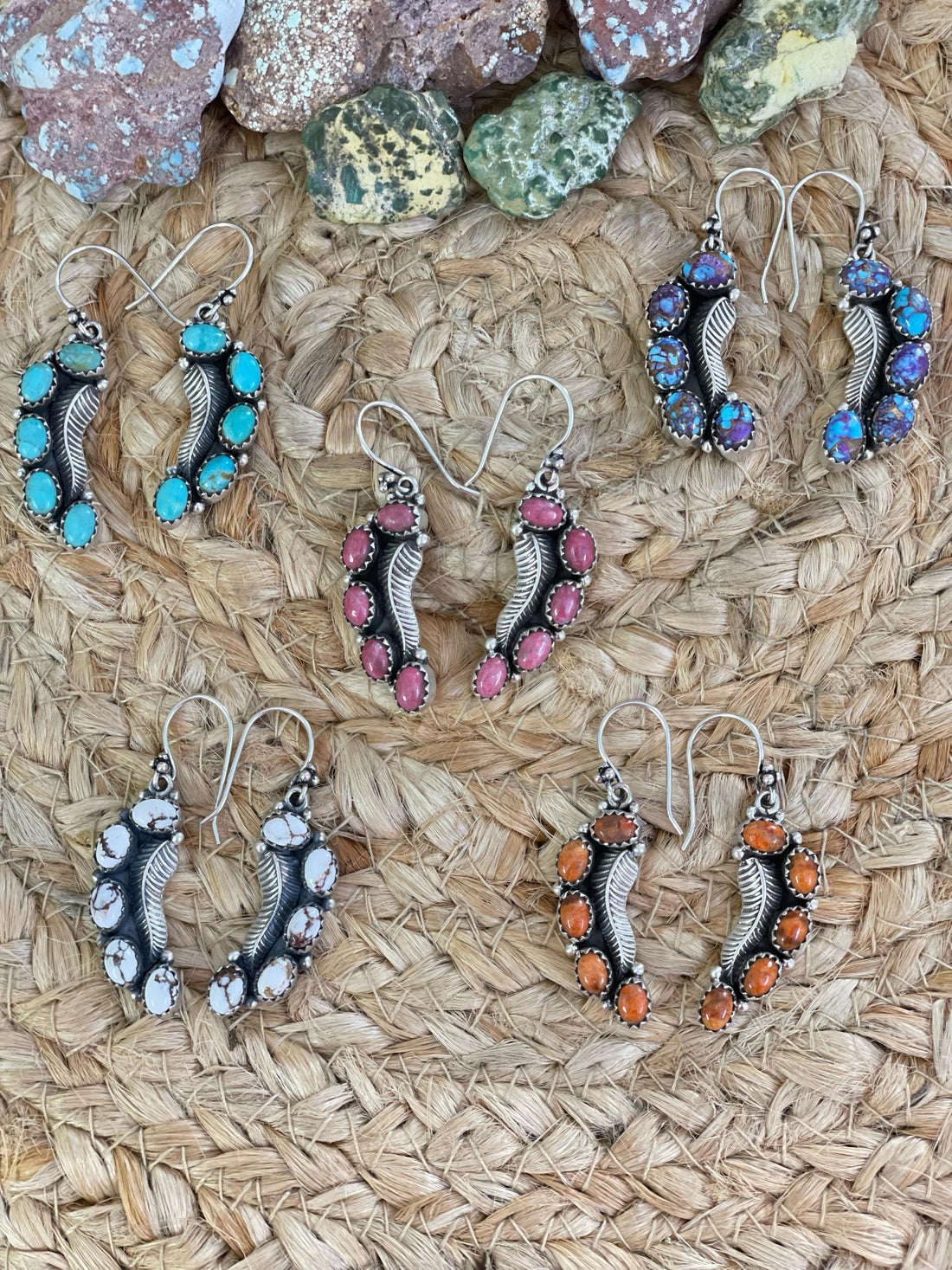 Handmade Sterling Silver Purple Kingman Mojave, Orange Mojave, Thulite, Kingman, Wild Horse Dangle Earrings with Signed Nizhoni