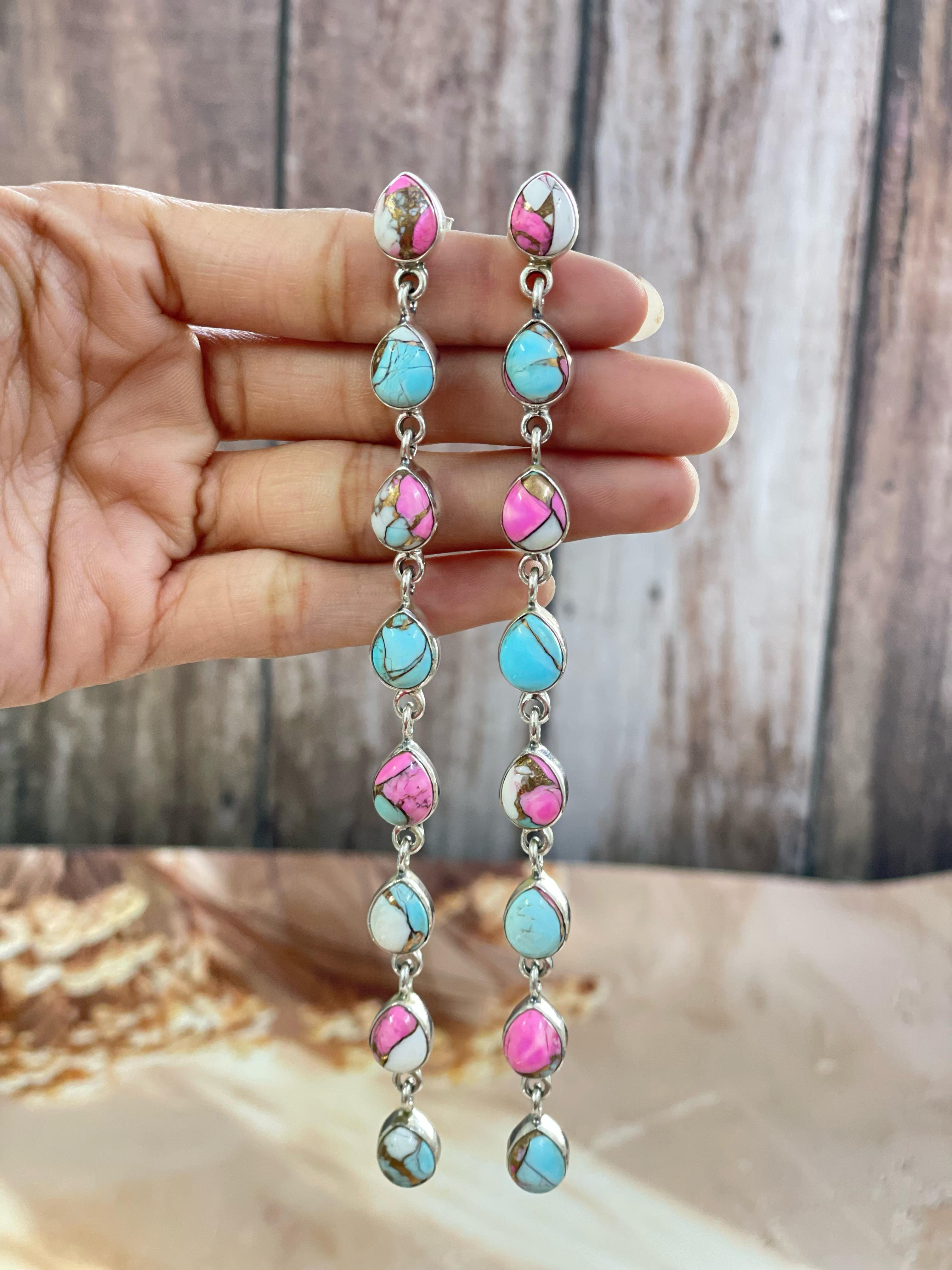 Handmade Sterling Silver Cotton Candy Turquoise, Post Earrings, Signed Nizhoni