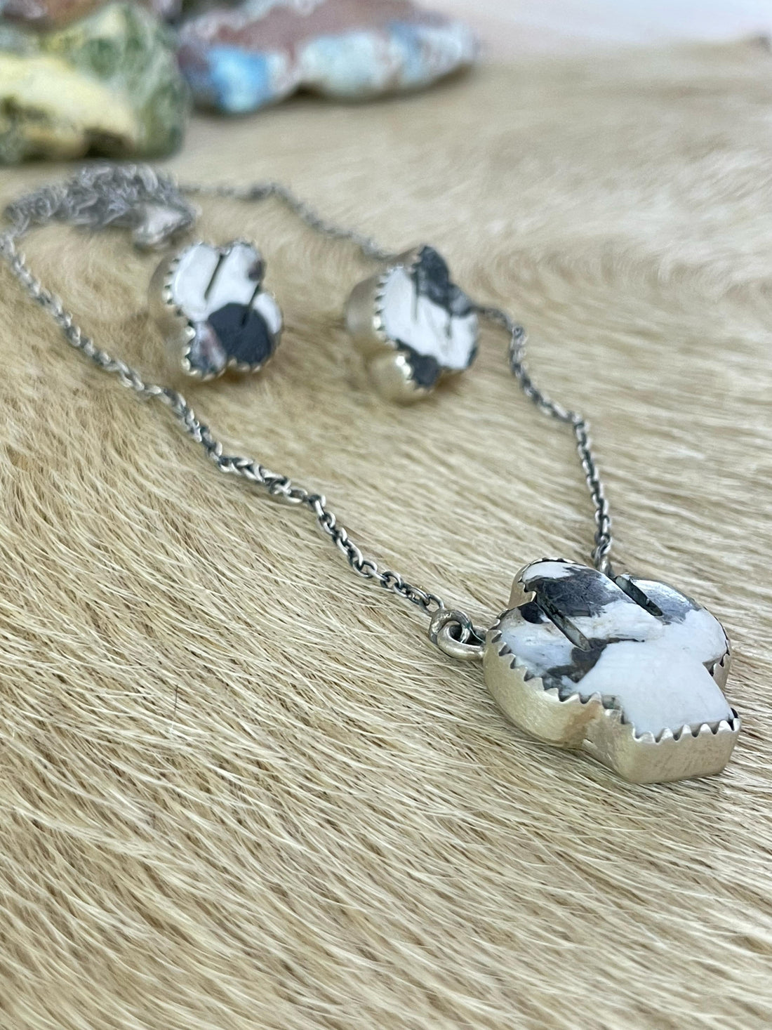 Handmade Sterling Silver White Buffalo Saguaro Necklace Earring Set with Signed Nizhoni