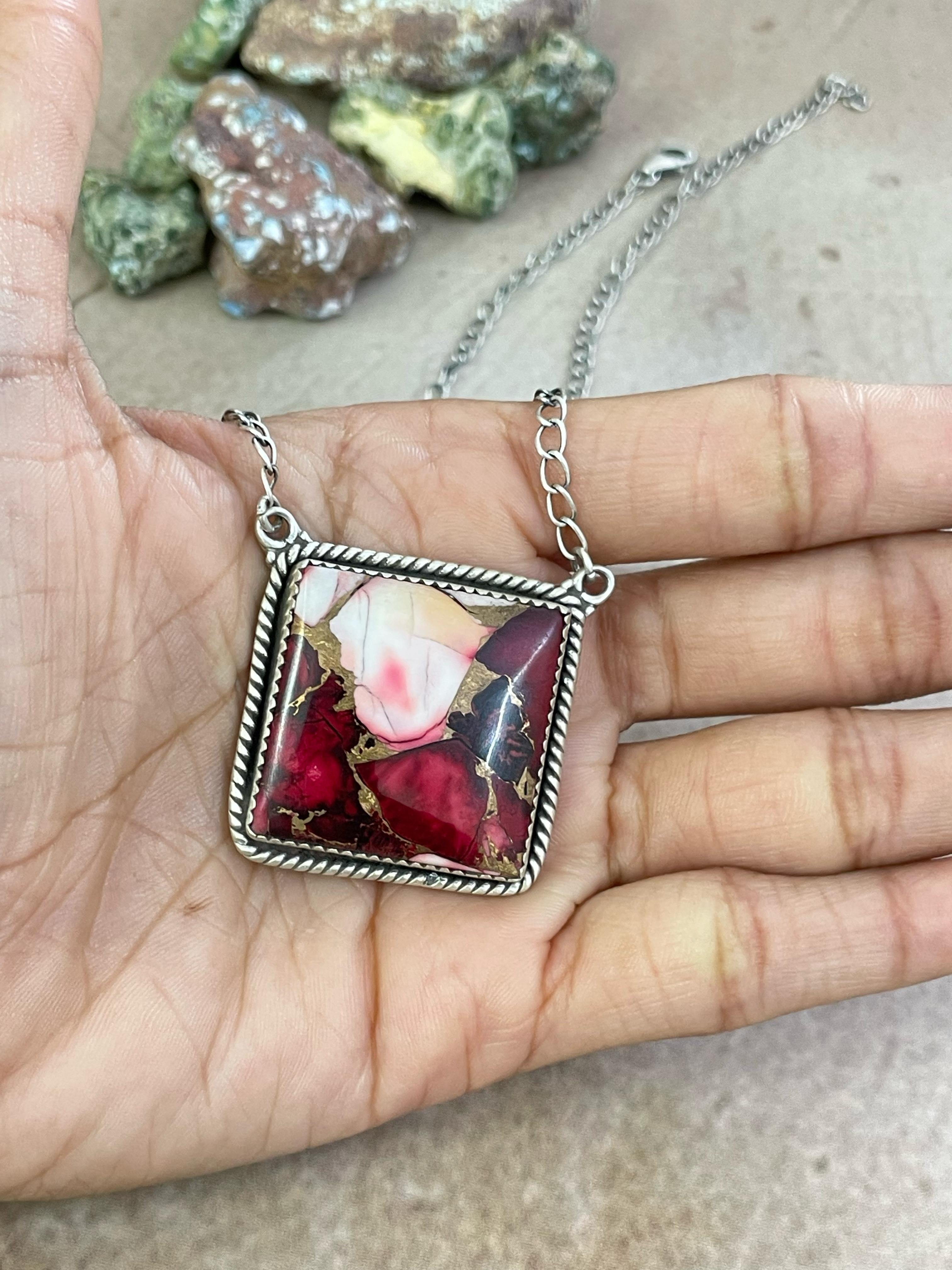 Handmade Sterling Silver Red Rose Dahlia Necklace, Signed Nizhoni