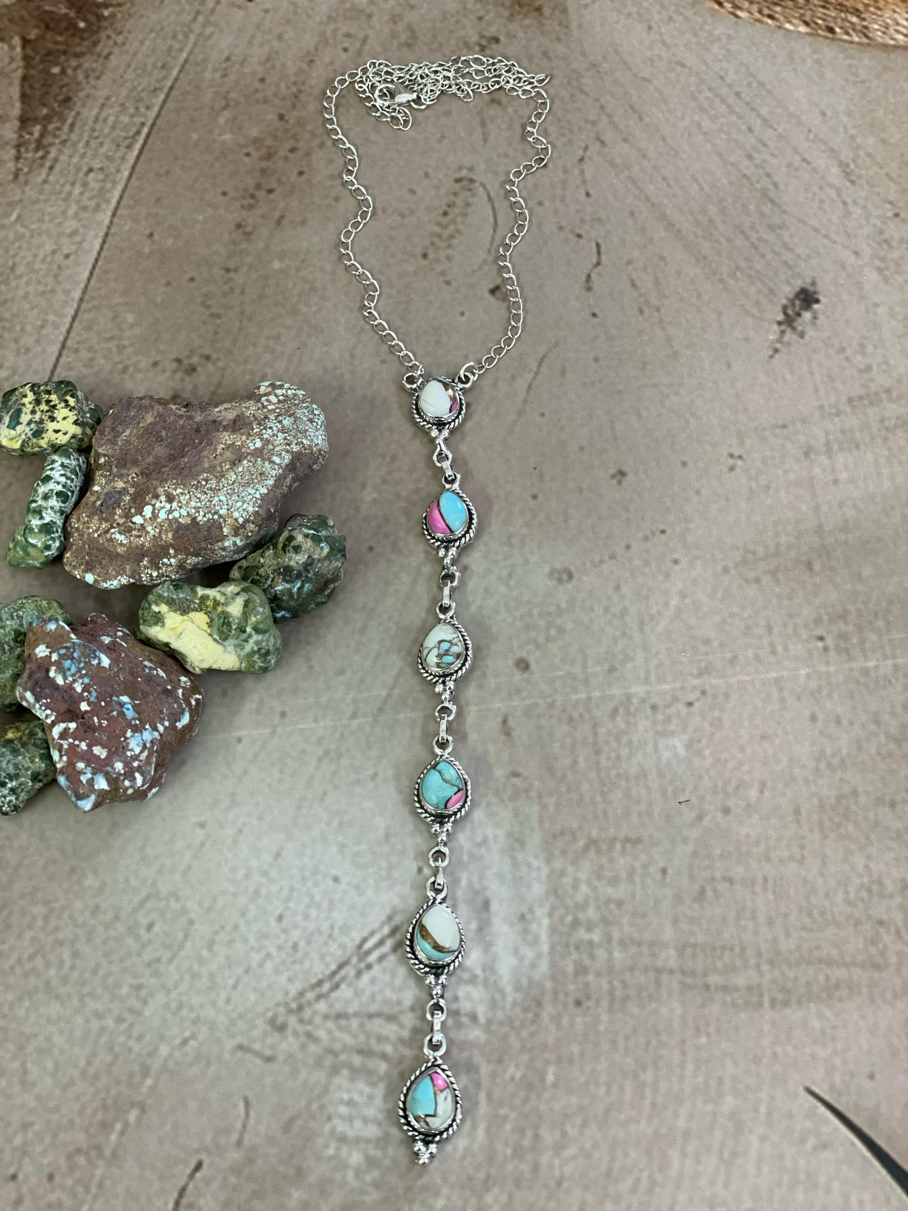 Handmade Sterling Silver Cotton Candy Turquoise Necklace, Signed Nizhoni