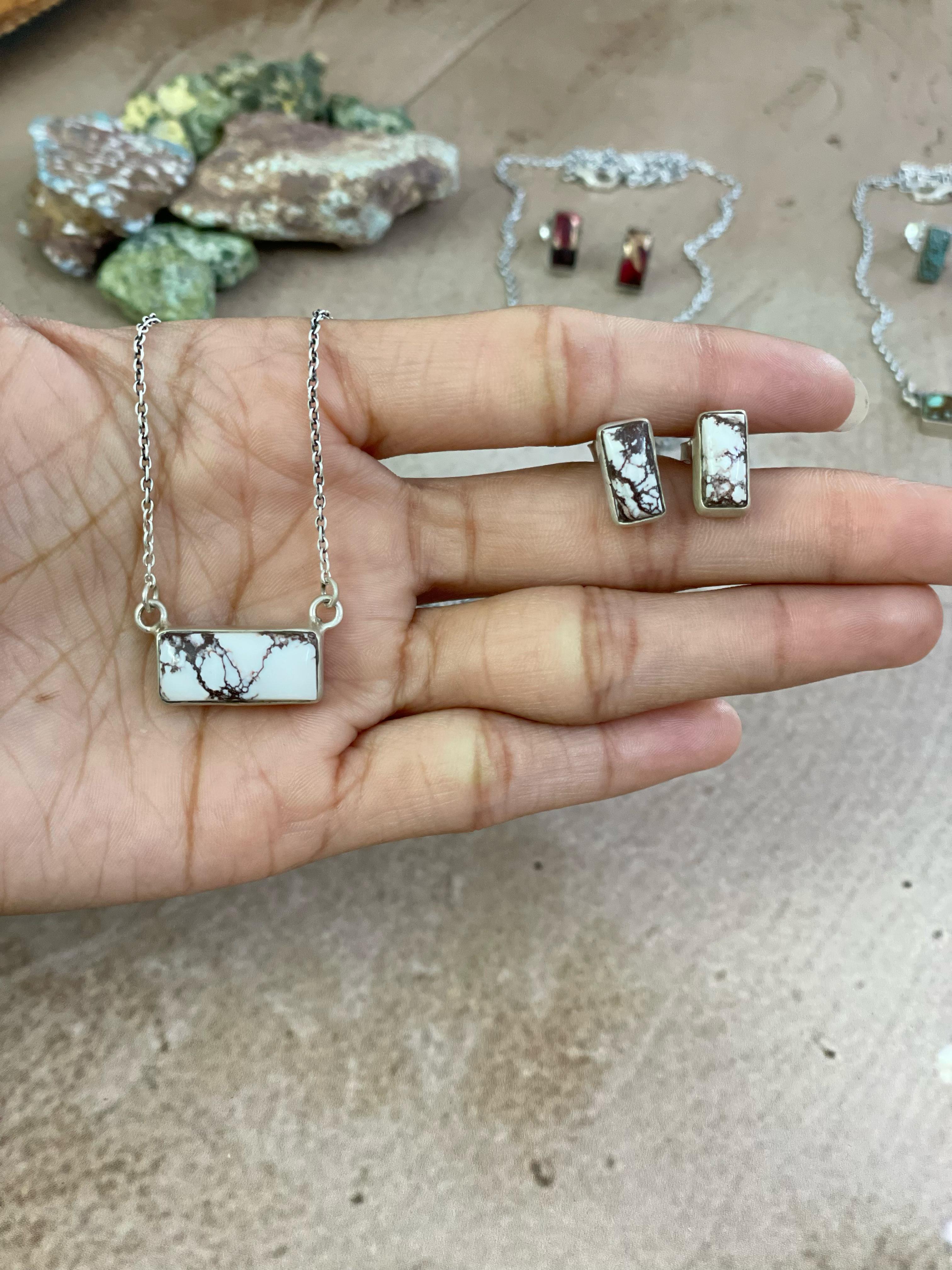 Handmade Sterling Silver Wild Horse, Red Rose Dahlia, No.8 Turquoise Necklace Post Earring Set with Signed Nizhoni