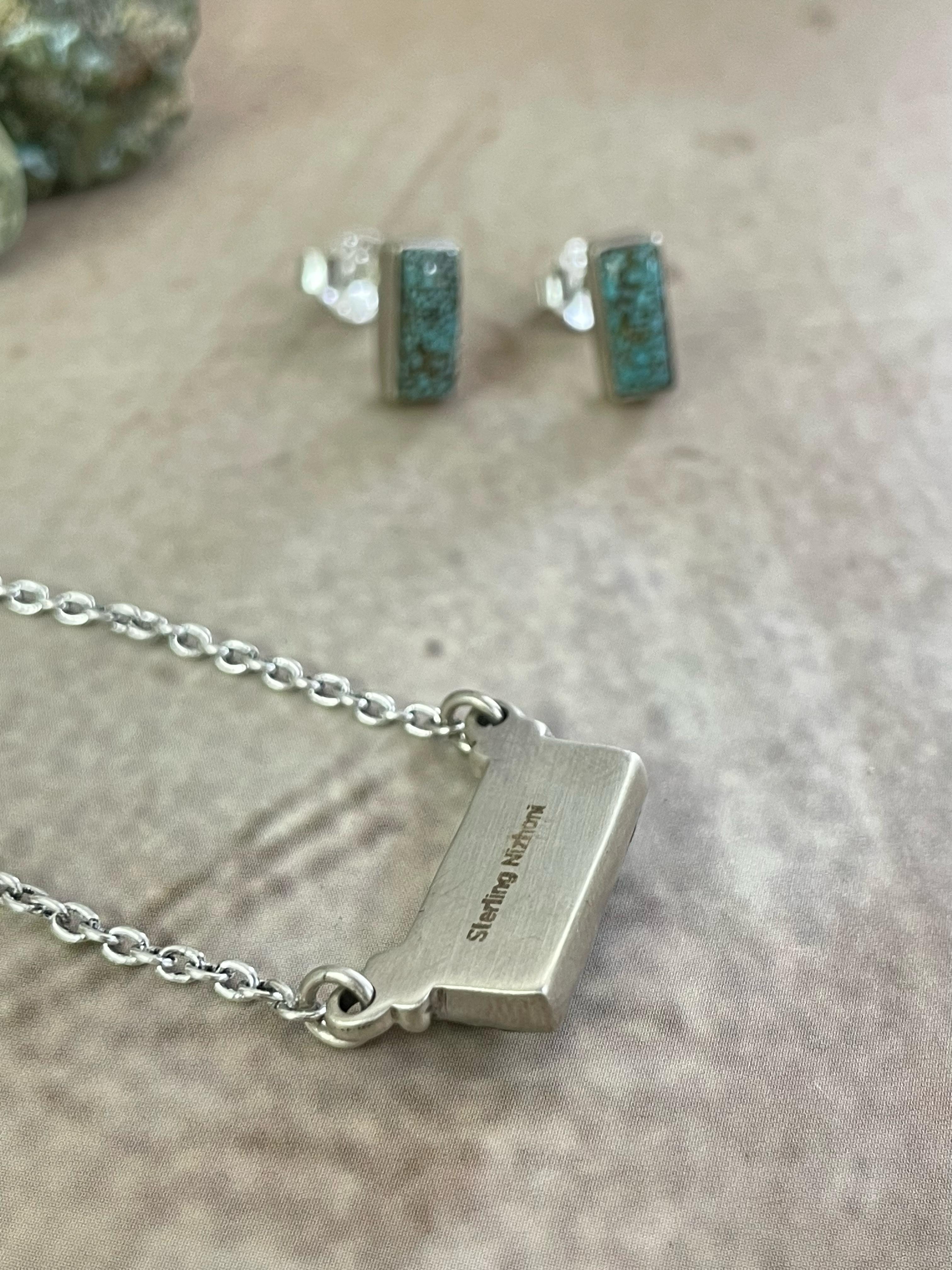 Handmade Sterling Silver Wild Horse, Red Rose Dahlia, No.8 Turquoise Necklace Post Earring Set with Signed Nizhoni