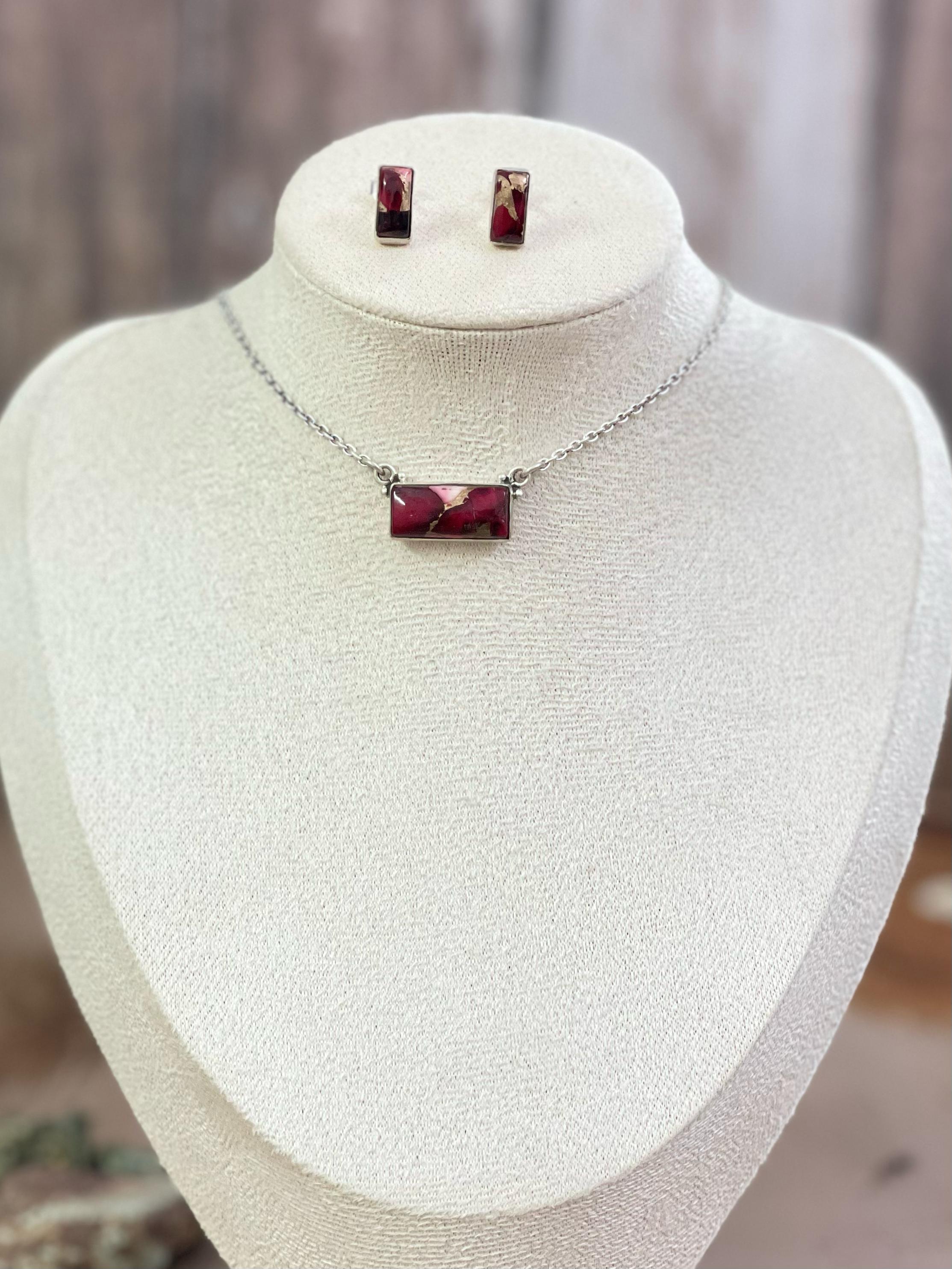 Handmade Sterling Silver Wild Horse, Red Rose Dahlia, No.8 Turquoise Necklace Post Earring Set with Signed Nizhoni