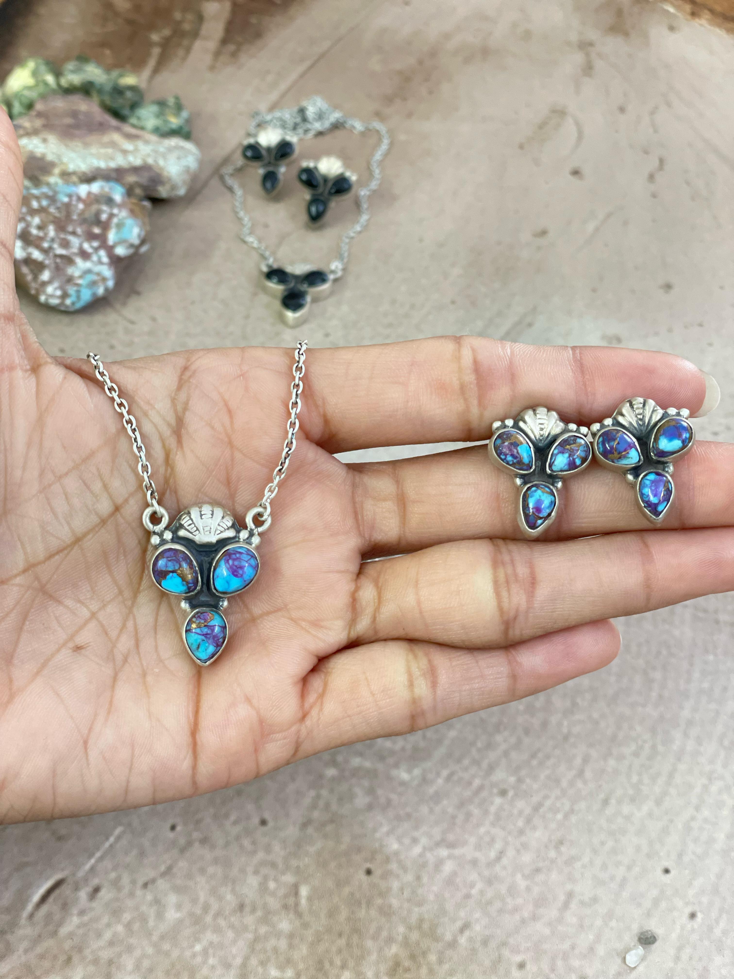 Handmade Sterling Silver Purple Kingman Mojave, Kingman, Black Onyx Necklace Post Earring Set with Signed Nizhoni