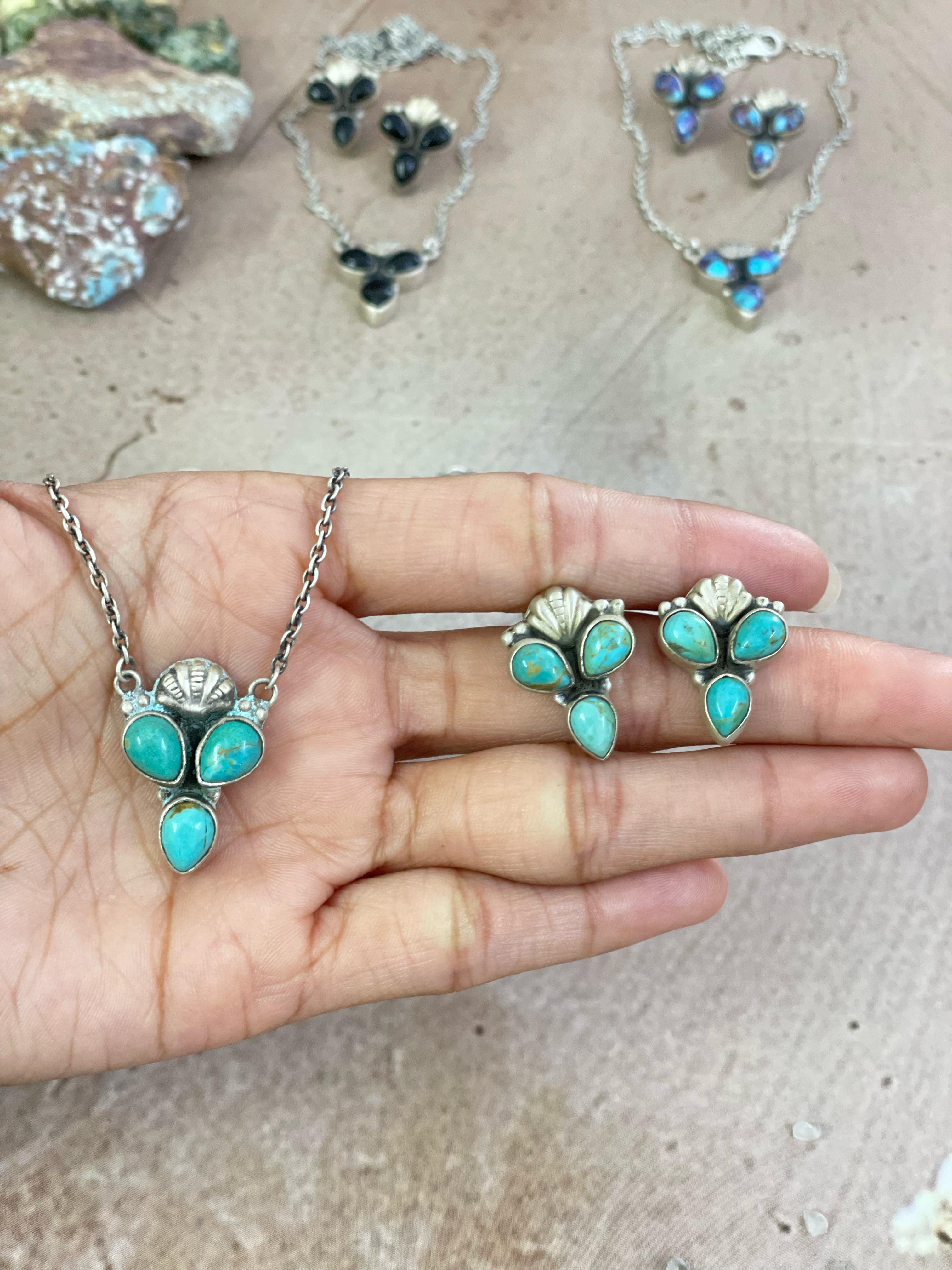 Handmade Sterling Silver Purple Kingman Mojave, Kingman, Black Onyx Necklace Post Earring Set with Signed Nizhoni