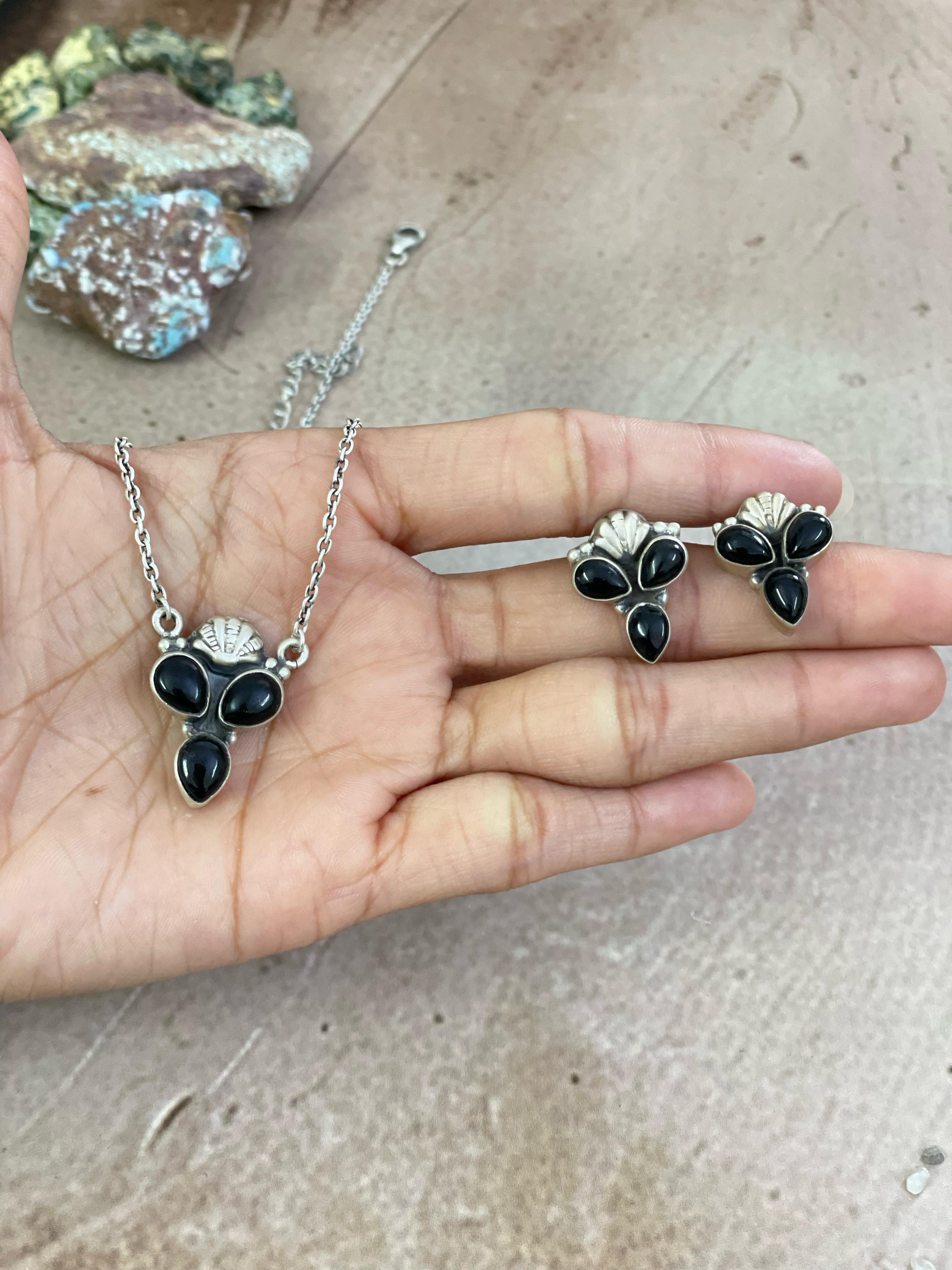Handmade Sterling Silver Purple Kingman Mojave, Kingman, Black Onyx Necklace Post Earring Set with Signed Nizhoni